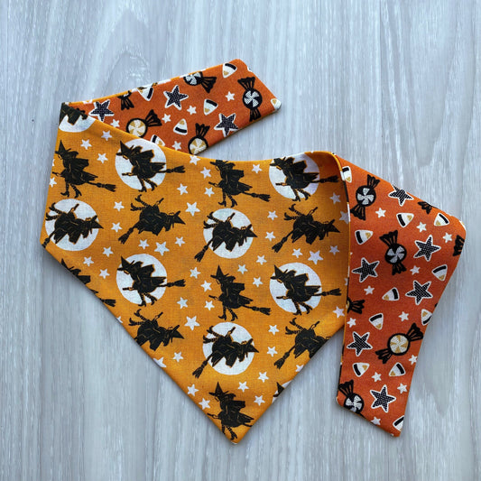 Halloween Dog bandana, Witch on a broom and candy corn, Dog bandana, Snap on Bandana, Matching hair-bow, Bow and Bandana, Hair Scrunchies