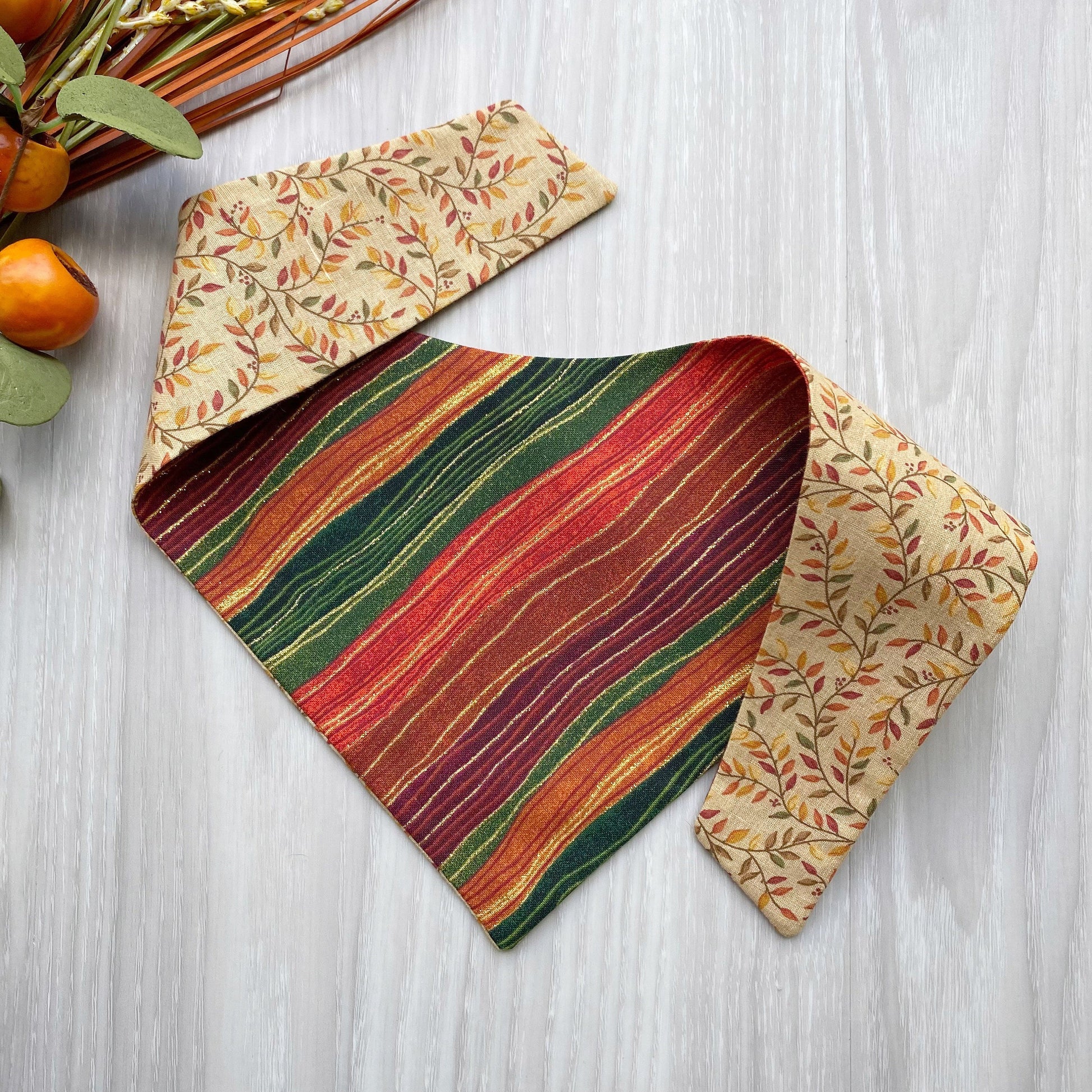 Fall Stripes Dog Bandana, Reversible Snap On, Matching Bow