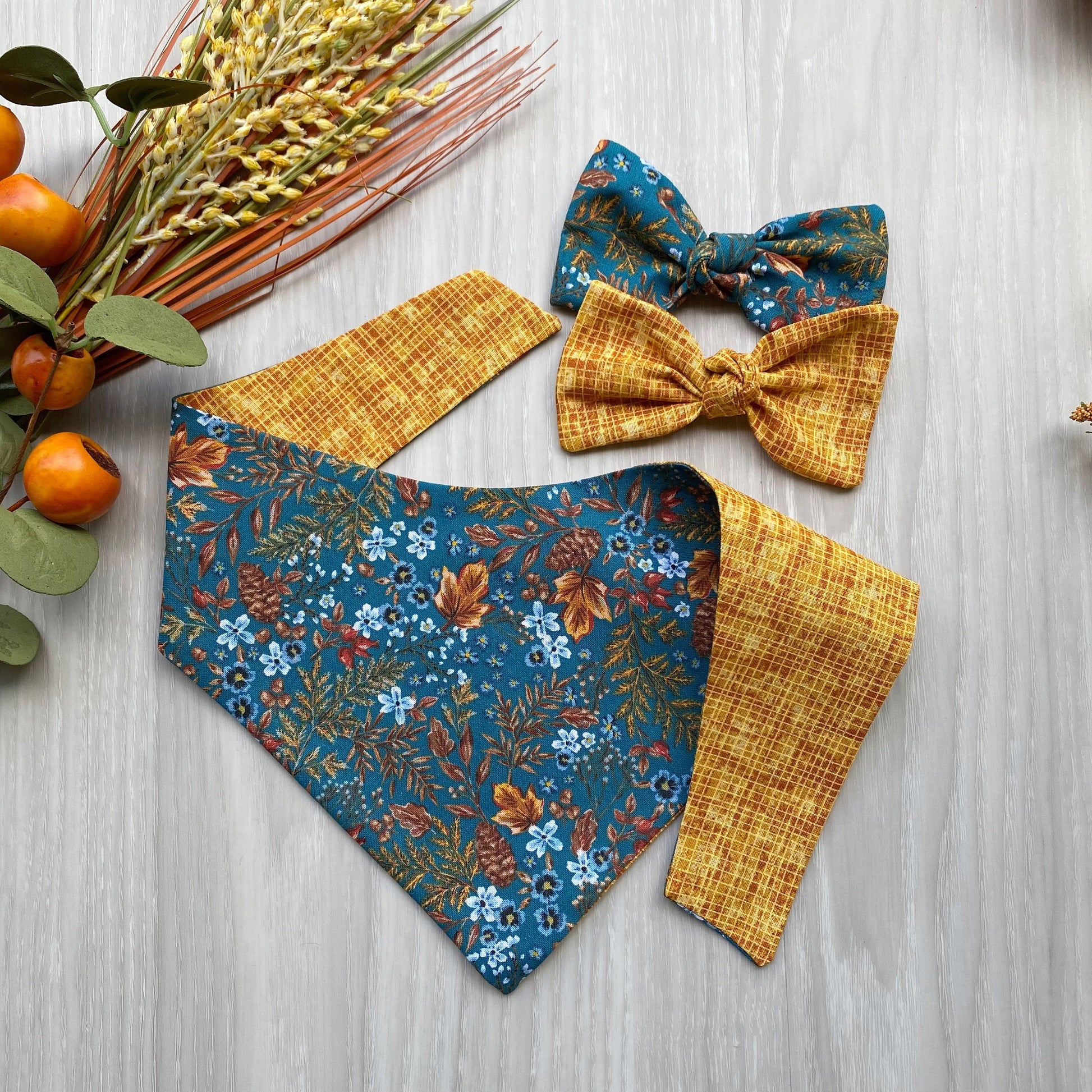Autumn Floral Dog Bandana, Matching Hair Bows, Reversible Snap-On