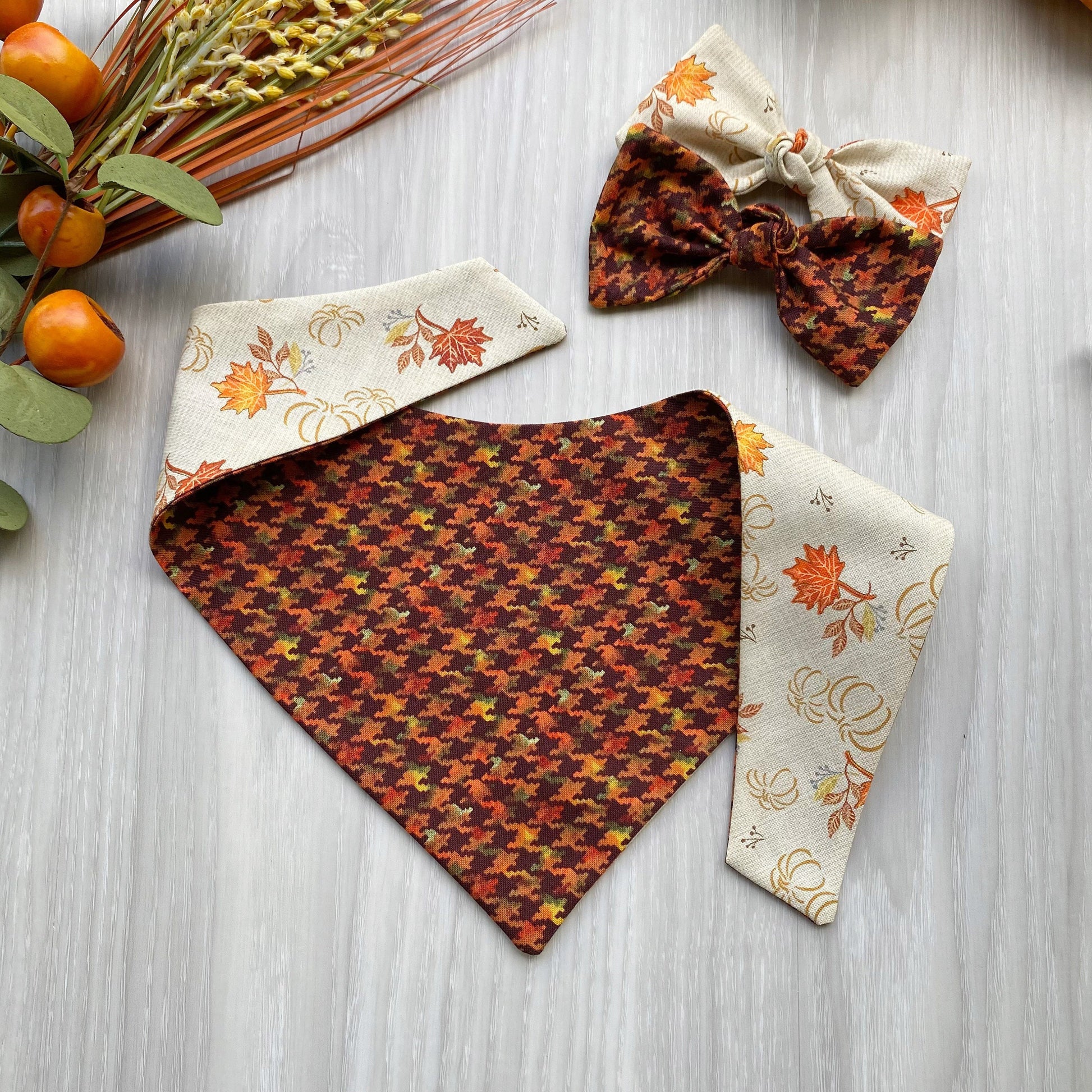 Fall Pumpkins Dog Bandana, Snap On, Matching Bow & Scrunchies