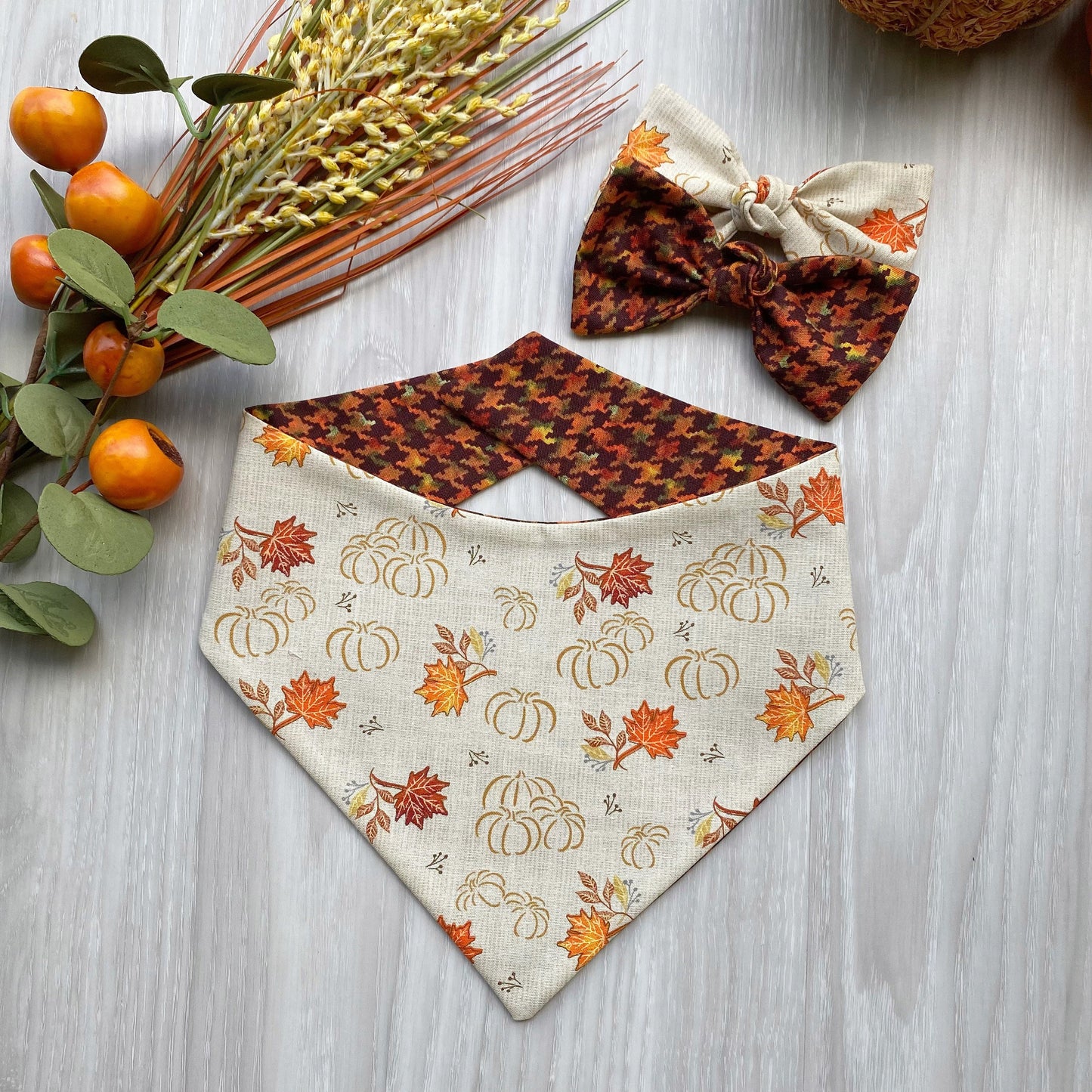 Fall Pumpkins Dog Bandana, Snap On, Matching Bow & Scrunchies