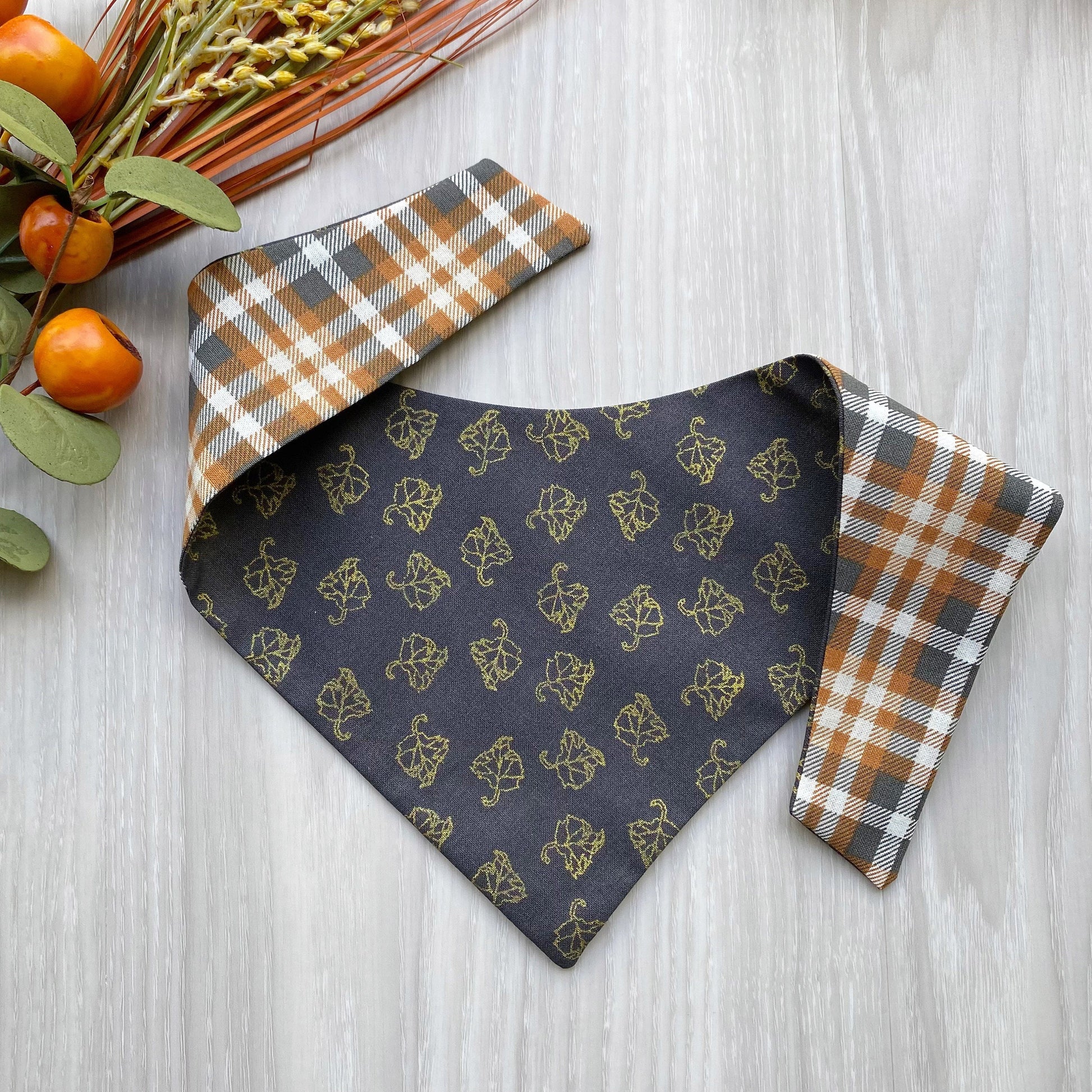 Orange and Plaid Fall Dog bandana, Dog bandana, Snap on Bandana, Matching hair-bow, Bow and Bandana, Hair Scrunchies