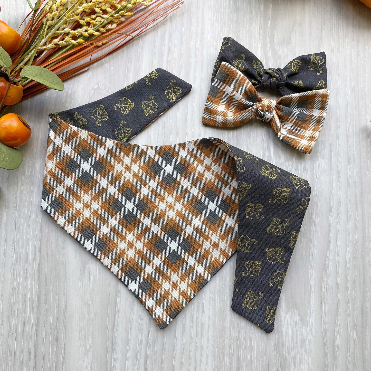 Orange and Plaid Fall Dog bandana, Dog bandana, Snap on Bandana, Matching hair-bow, Bow and Bandana, Hair Scrunchies