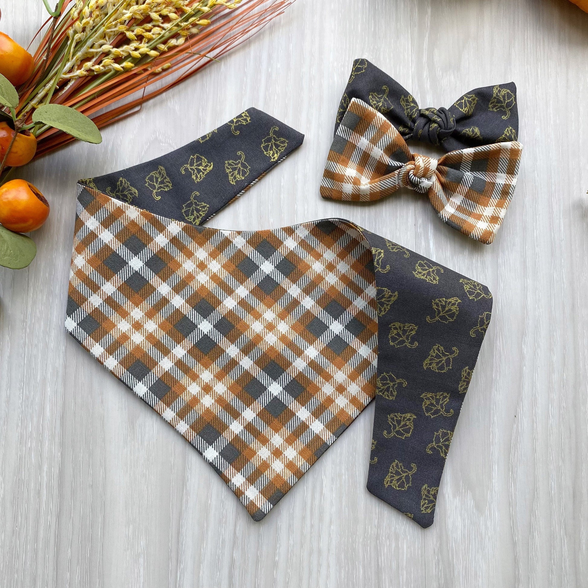 Orange and Plaid Fall Dog bandana, Dog bandana, Snap on Bandana, Matching hair-bow, Bow and Bandana, Hair Scrunchies