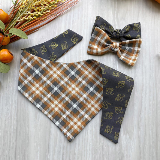 Orange and Plaid Fall Dog bandana, Dog bandana, Snap on Bandana, Matching hair-bow, Bow and Bandana, Hair Scrunchies