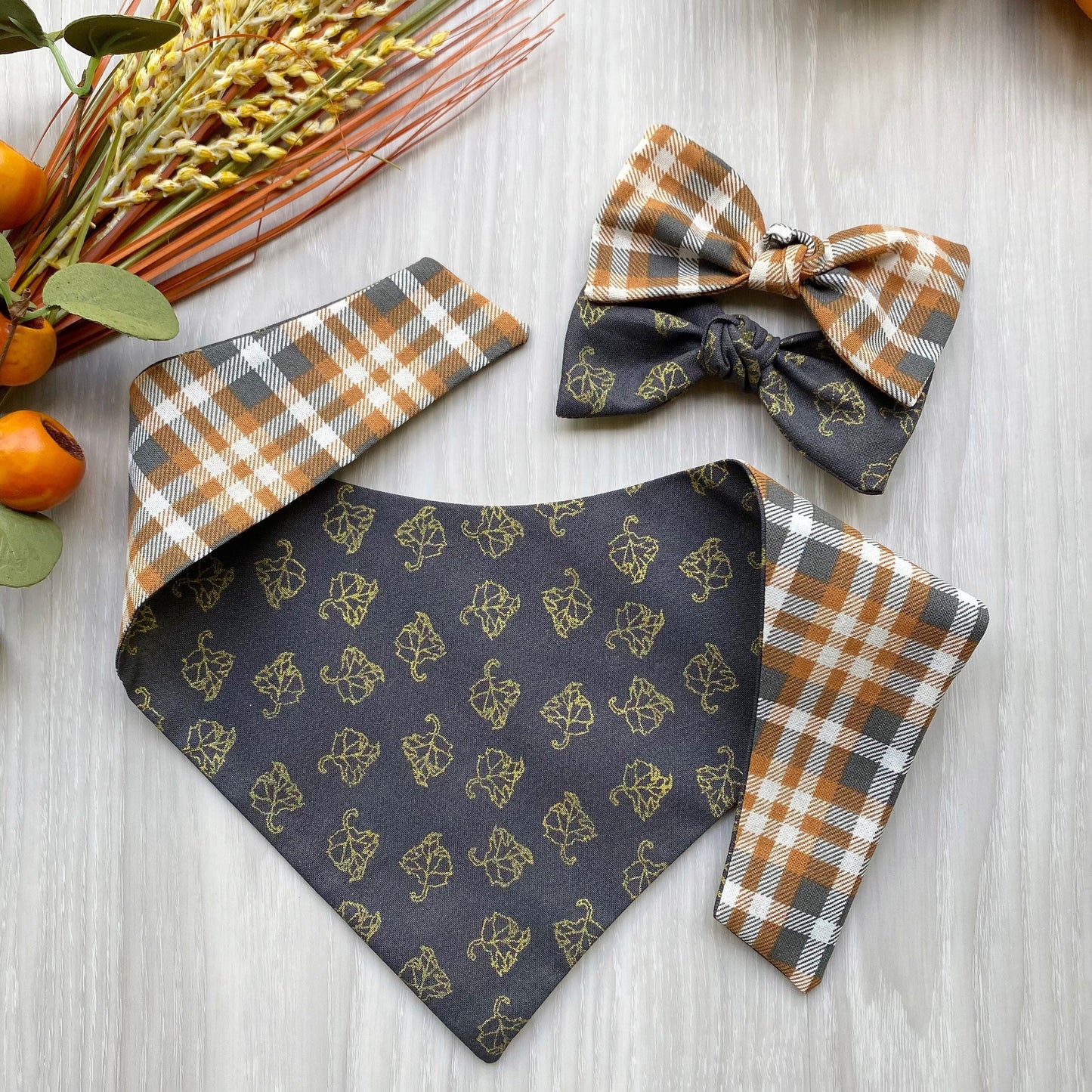 Orange and Plaid Fall Dog bandana, Dog bandana, Snap on Bandana, Matching hair-bow, Bow and Bandana, Hair Scrunchies