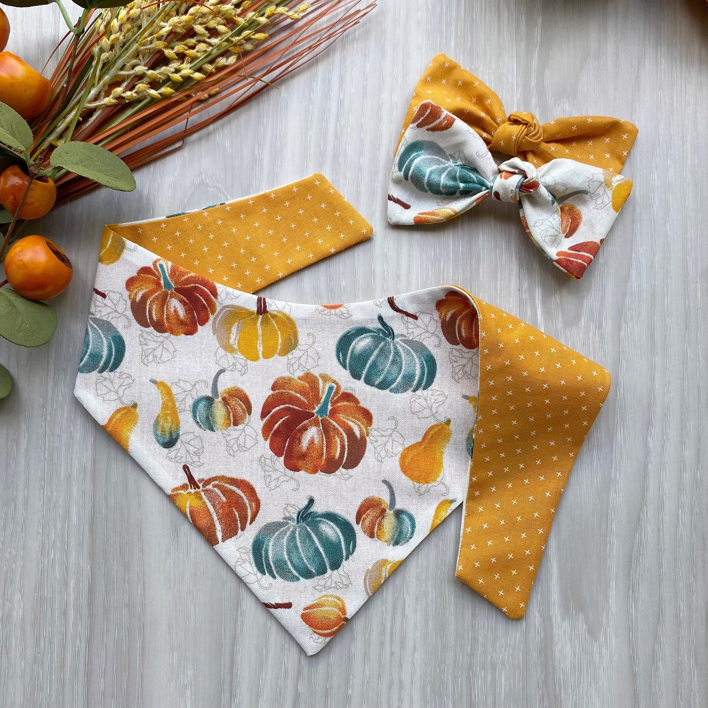 Pumpkin Fall Dog Bandana, Snap On, Bow & Scrunchie Set