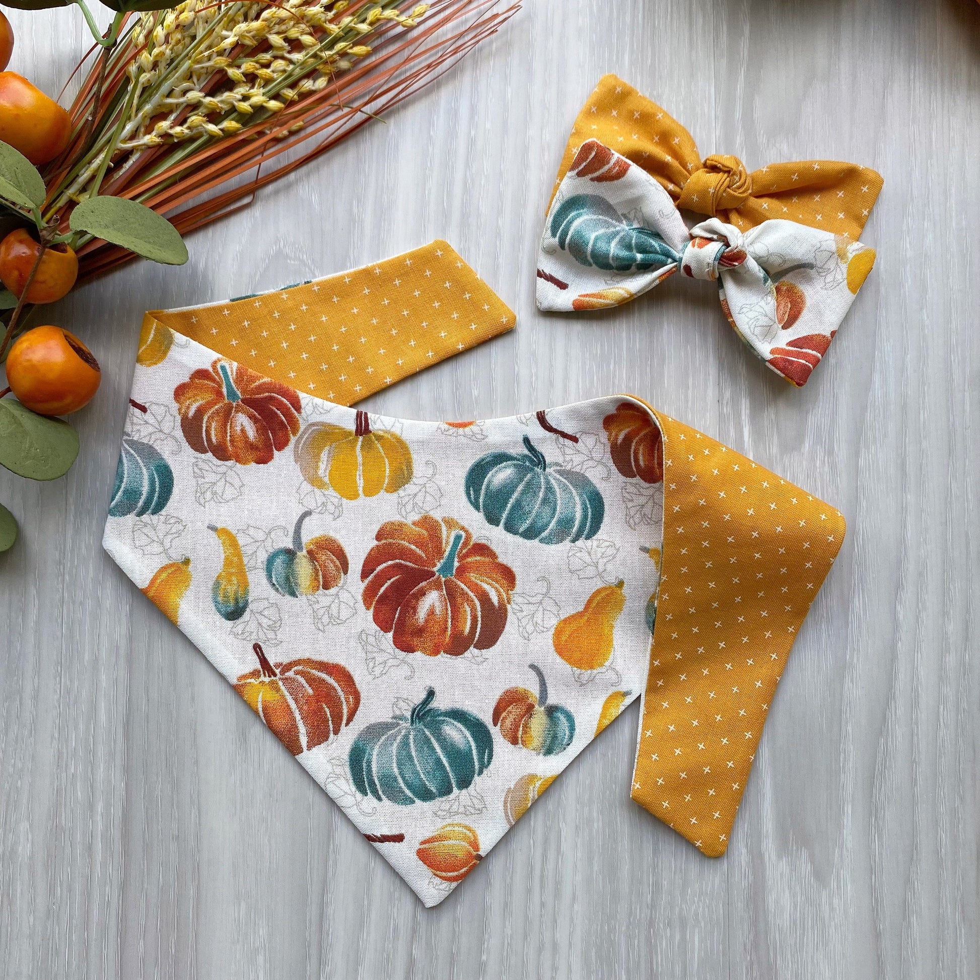 Pumpkin Fall Dog Bandana, Snap On, Bow & Scrunchie Set