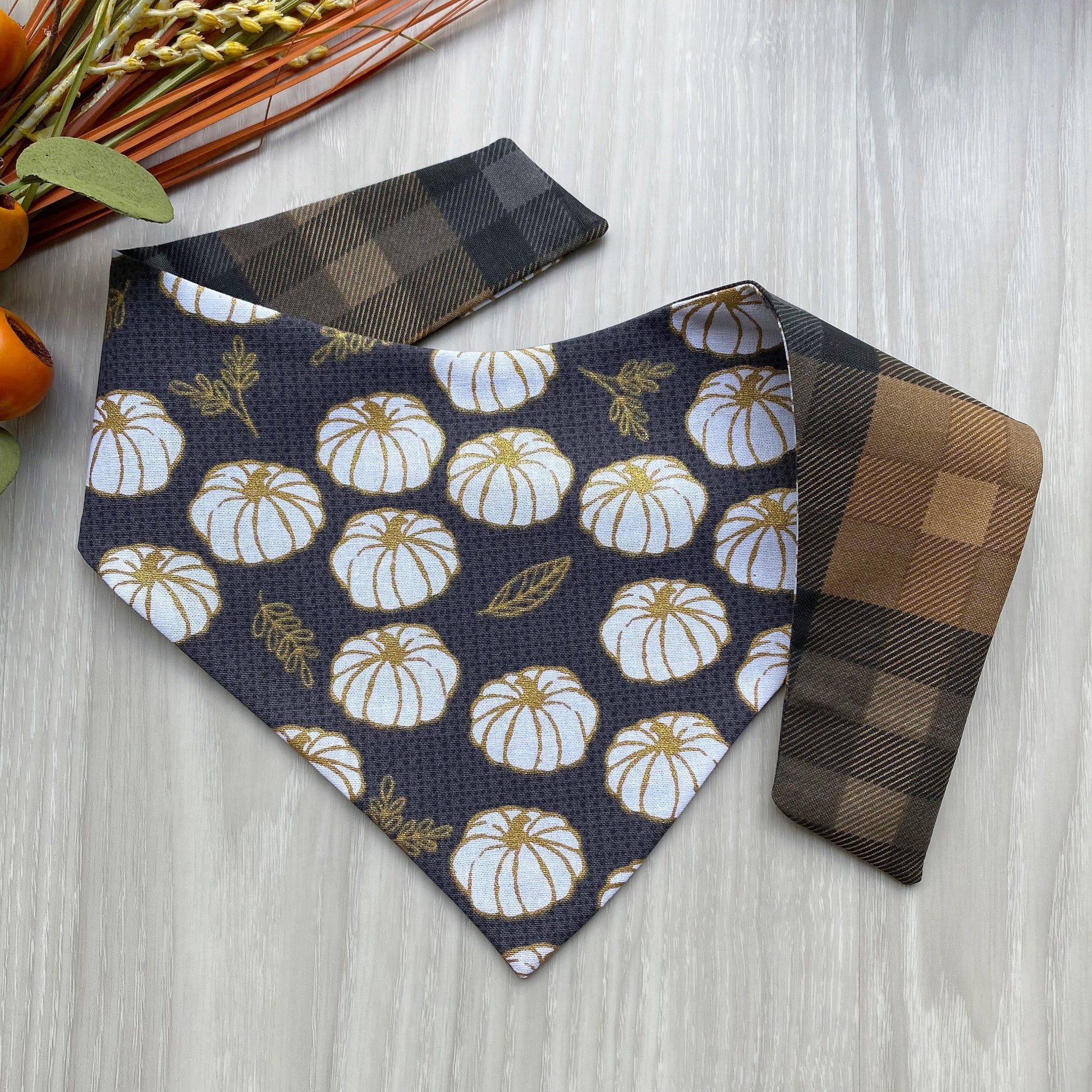 White Pumpkins Fall Dog bandana, Dog bandana, Snap on Bandana, Matching hair-bow, Bow and Bandana, Hair Scrunchies
