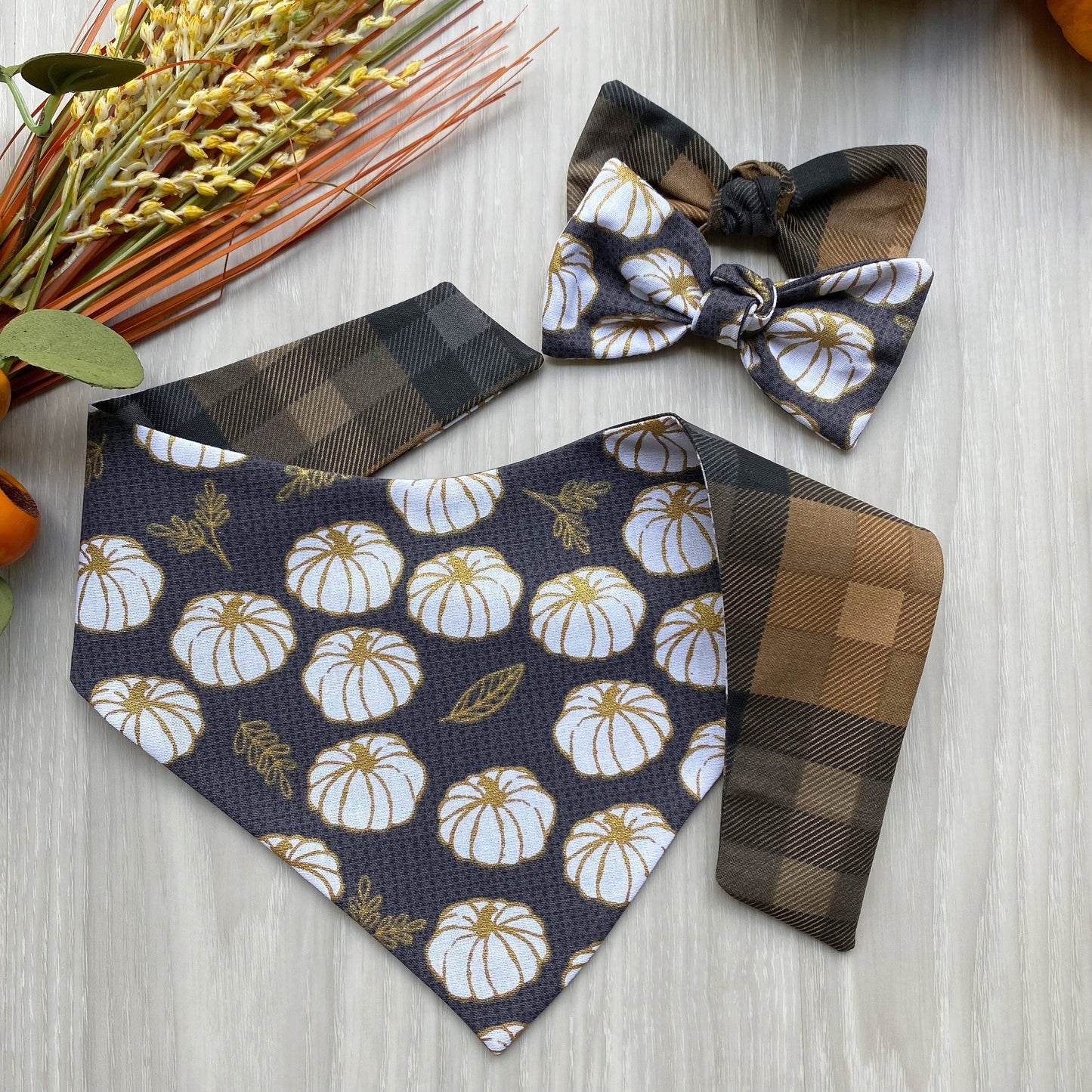 White Pumpkins Fall Dog bandana, Dog bandana, Snap on Bandana, Matching hair-bow, Bow and Bandana, Hair Scrunchies