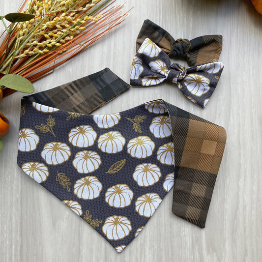 White Pumpkins Fall Dog bandana, Dog bandana, Snap on Bandana, Matching hair-bow, Bow and Bandana, Hair Scrunchies