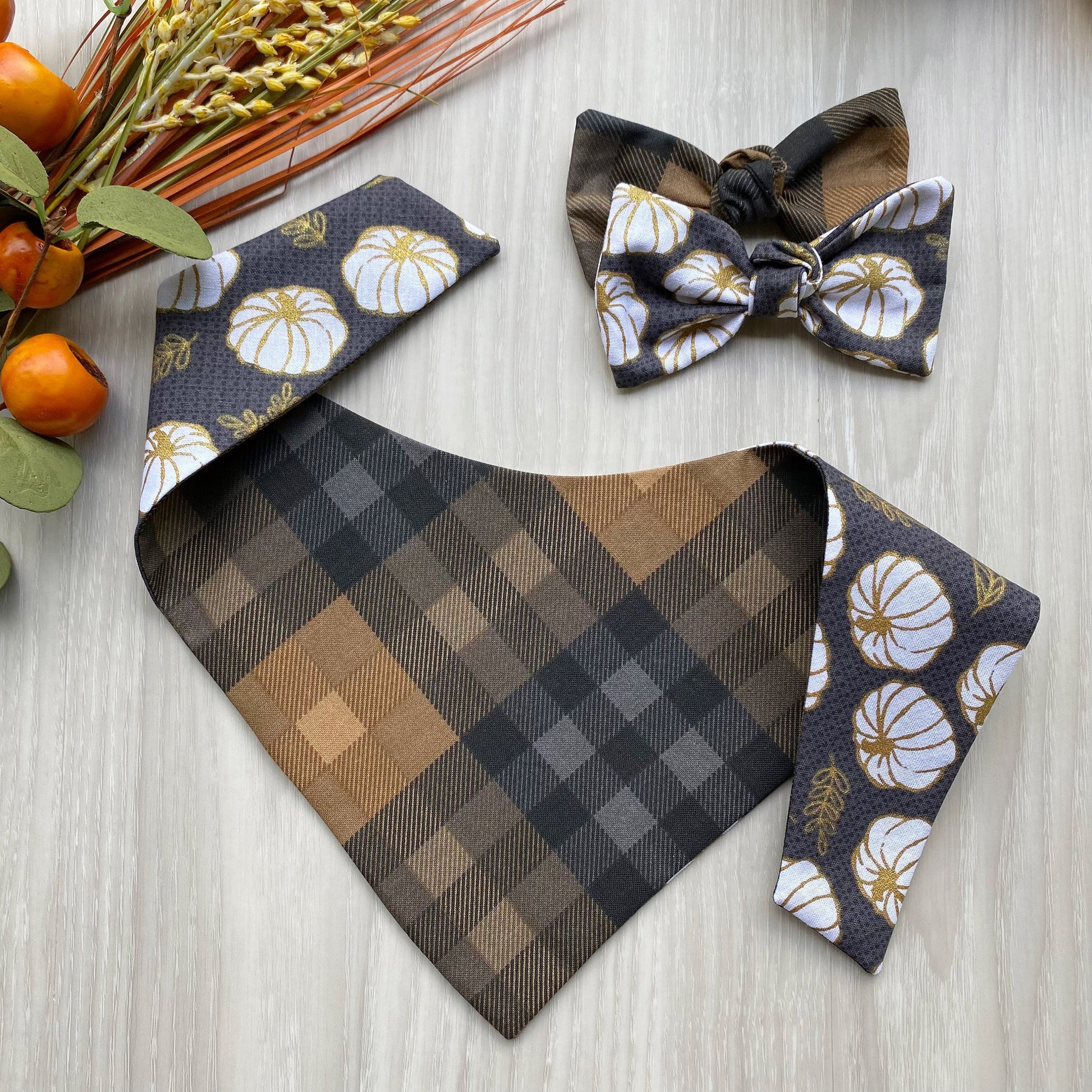 White Pumpkins Fall Dog bandana, Dog bandana, Snap on Bandana, Matching hair-bow, Bow and Bandana, Hair Scrunchies