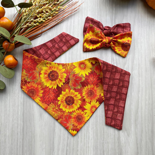 Fall Sunflower Dog Bandana, Snap-On, Matching Hair Bow