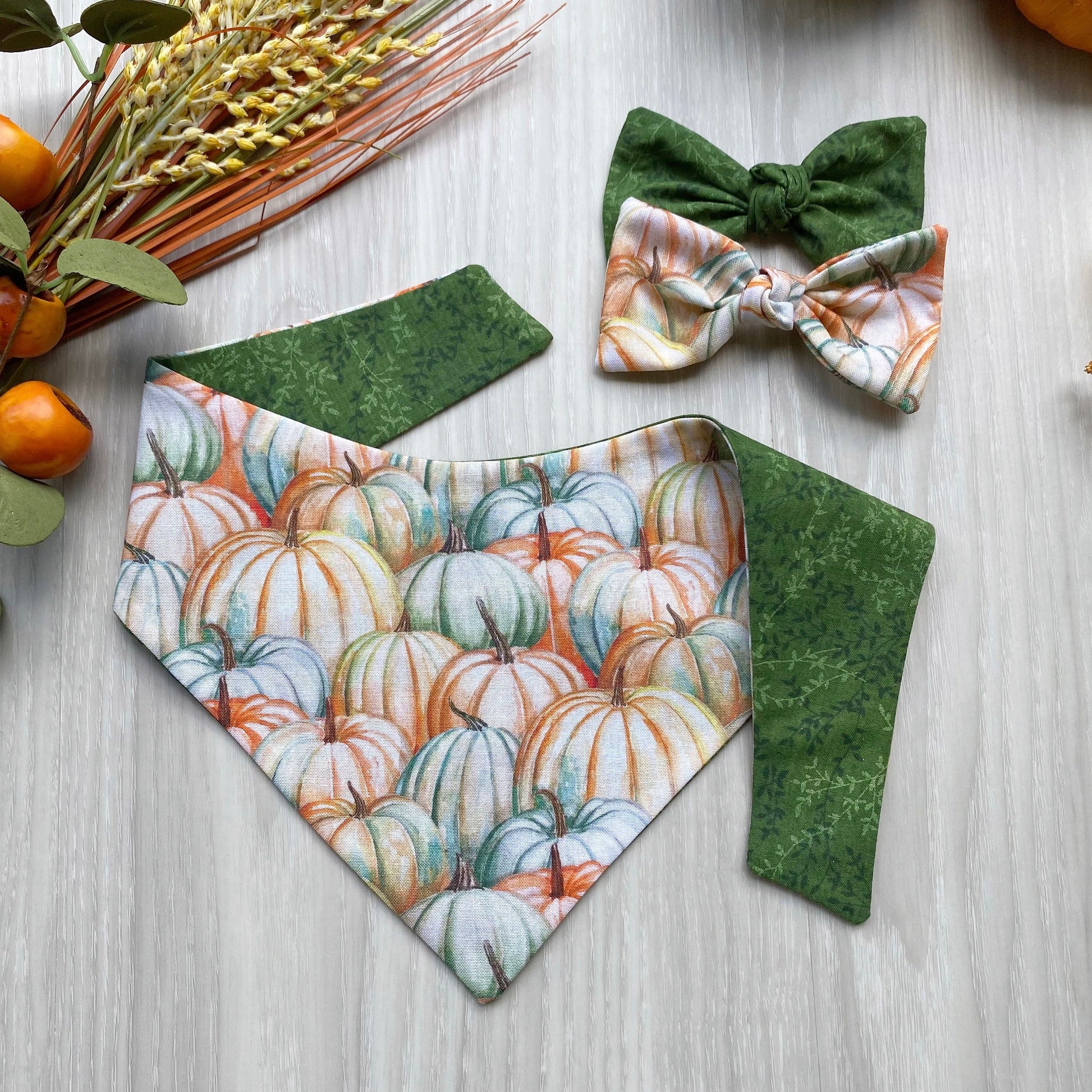 Pumpkin Pile Fall Dog Bandana, Snap On, Matching Bow Set