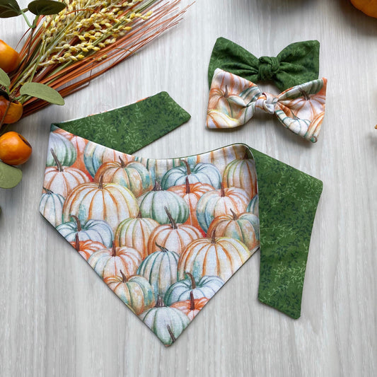Pumpkin Pile Fall Dog Bandana, Snap On, Matching Bow Set