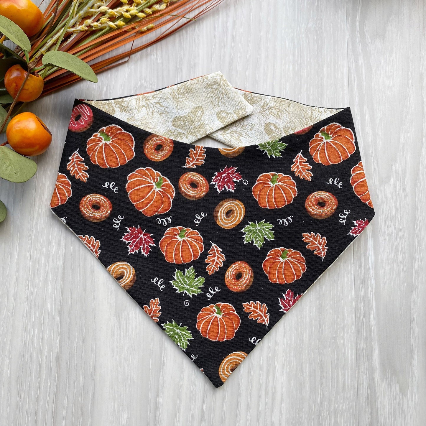 Pumpkin Donuts Fall Dog bandana, Dog bandana, Snap on Bandana, Matching hair-bow, Bow and Bandana, Hair Scrunchies