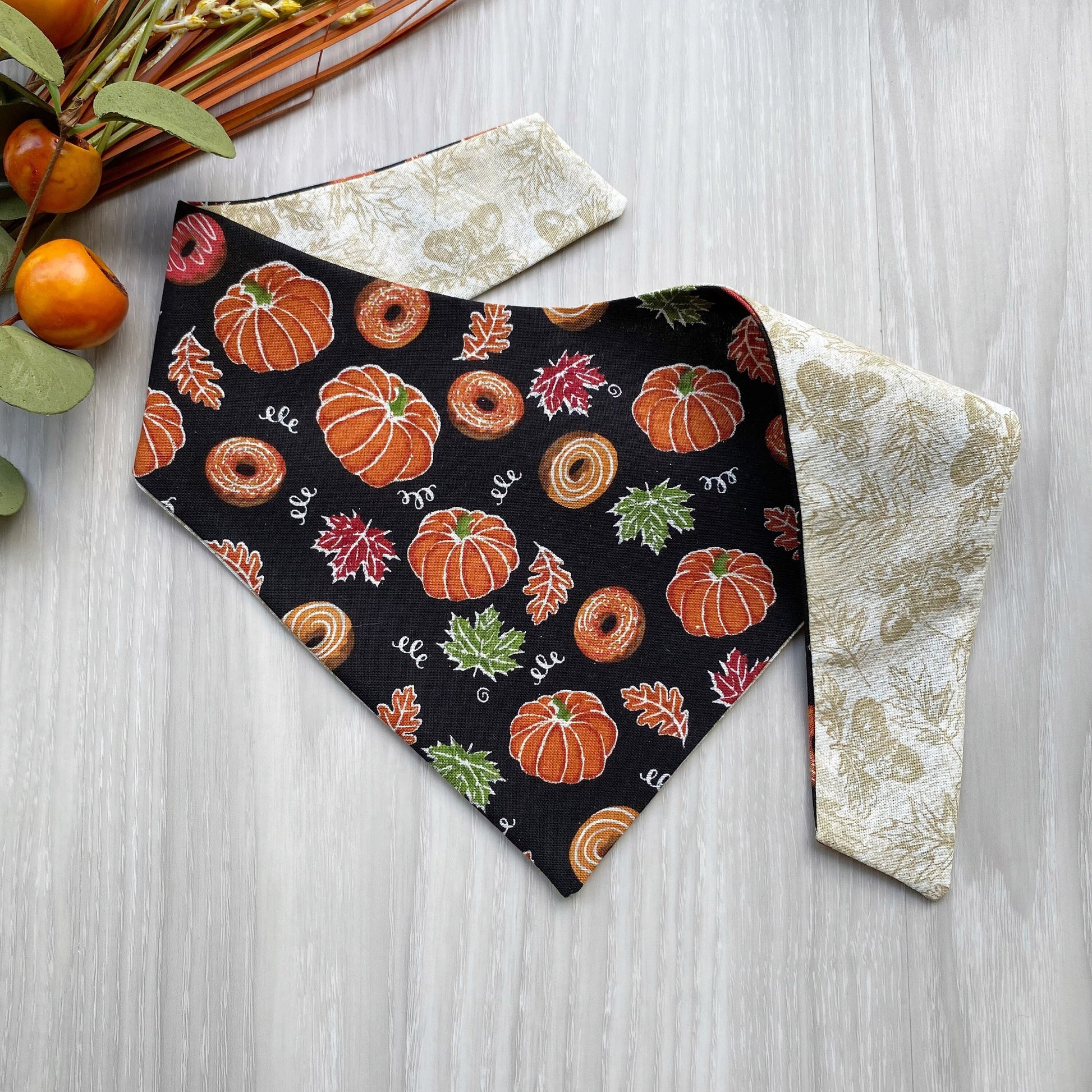 Pumpkin Donuts Fall Dog bandana, Dog bandana, Snap on Bandana, Matching hair-bow, Bow and Bandana, Hair Scrunchies