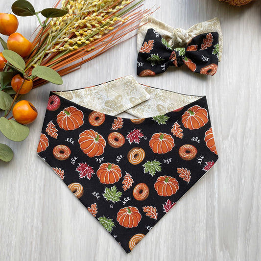 Pumpkin Donuts Fall Dog bandana, Dog bandana, Snap on Bandana, Matching hair-bow, Bow and Bandana, Hair Scrunchies
