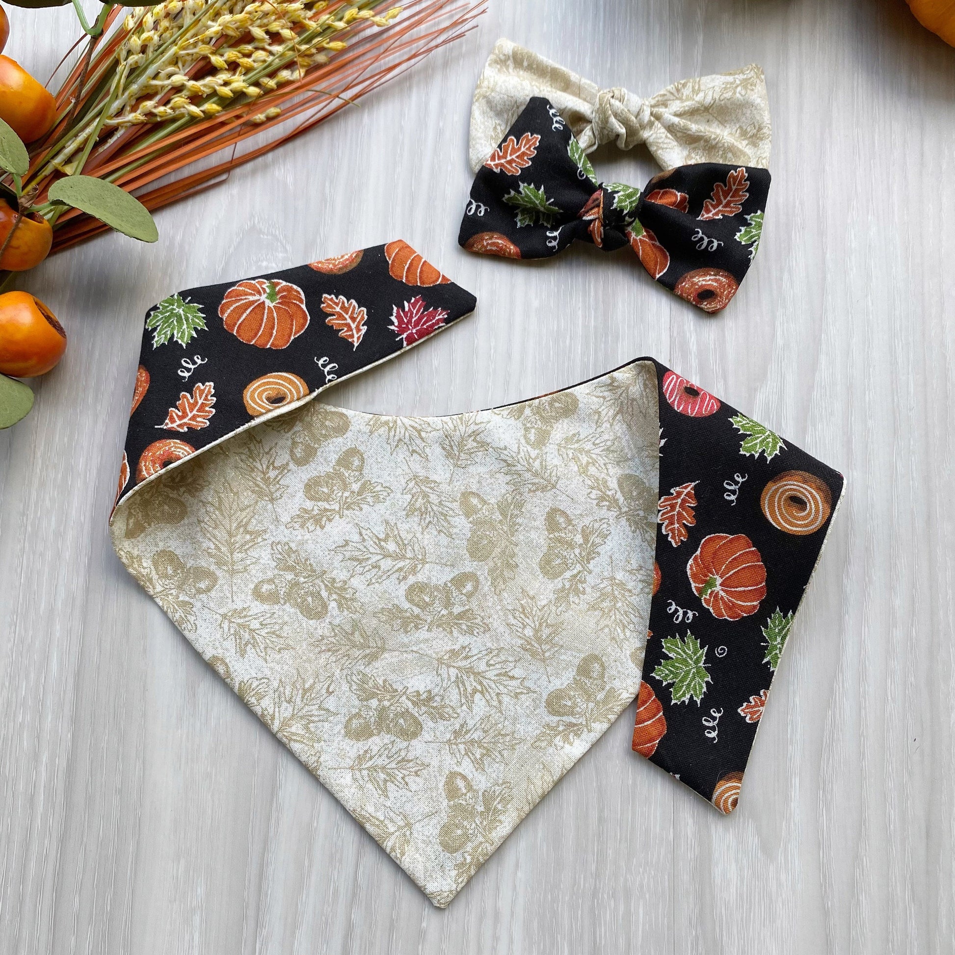 Pumpkin Donuts Fall Dog bandana, Dog bandana, Snap on Bandana, Matching hair-bow, Bow and Bandana, Hair Scrunchies