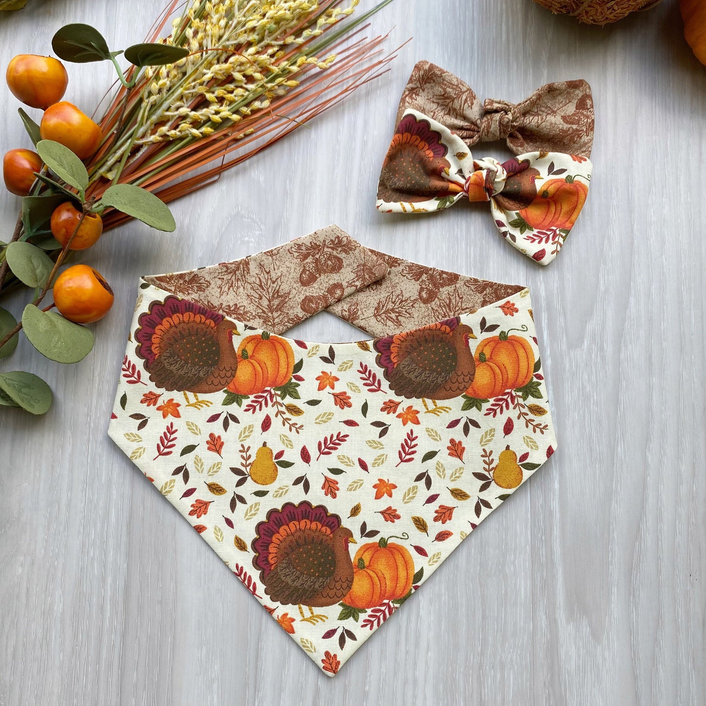 Turkey and Pumpkin Fall Dog bandana, Dog bandana, Snap on Bandana, Matching hair-bow, Bow and Bandana, Hair Scrunchies