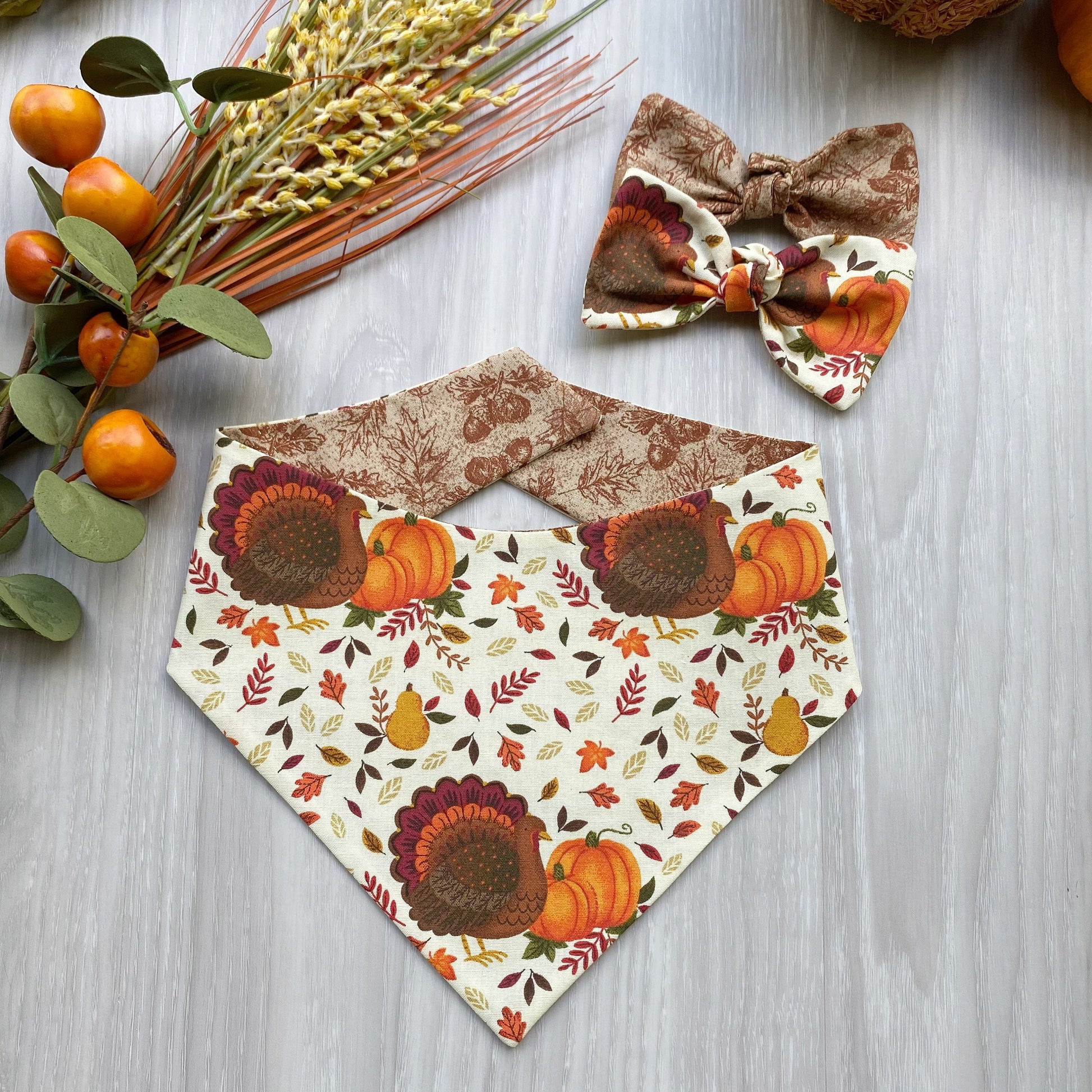 Turkey and Pumpkin Fall Dog bandana, Dog bandana, Snap on Bandana, Matching hair-bow, Bow and Bandana, Hair Scrunchies