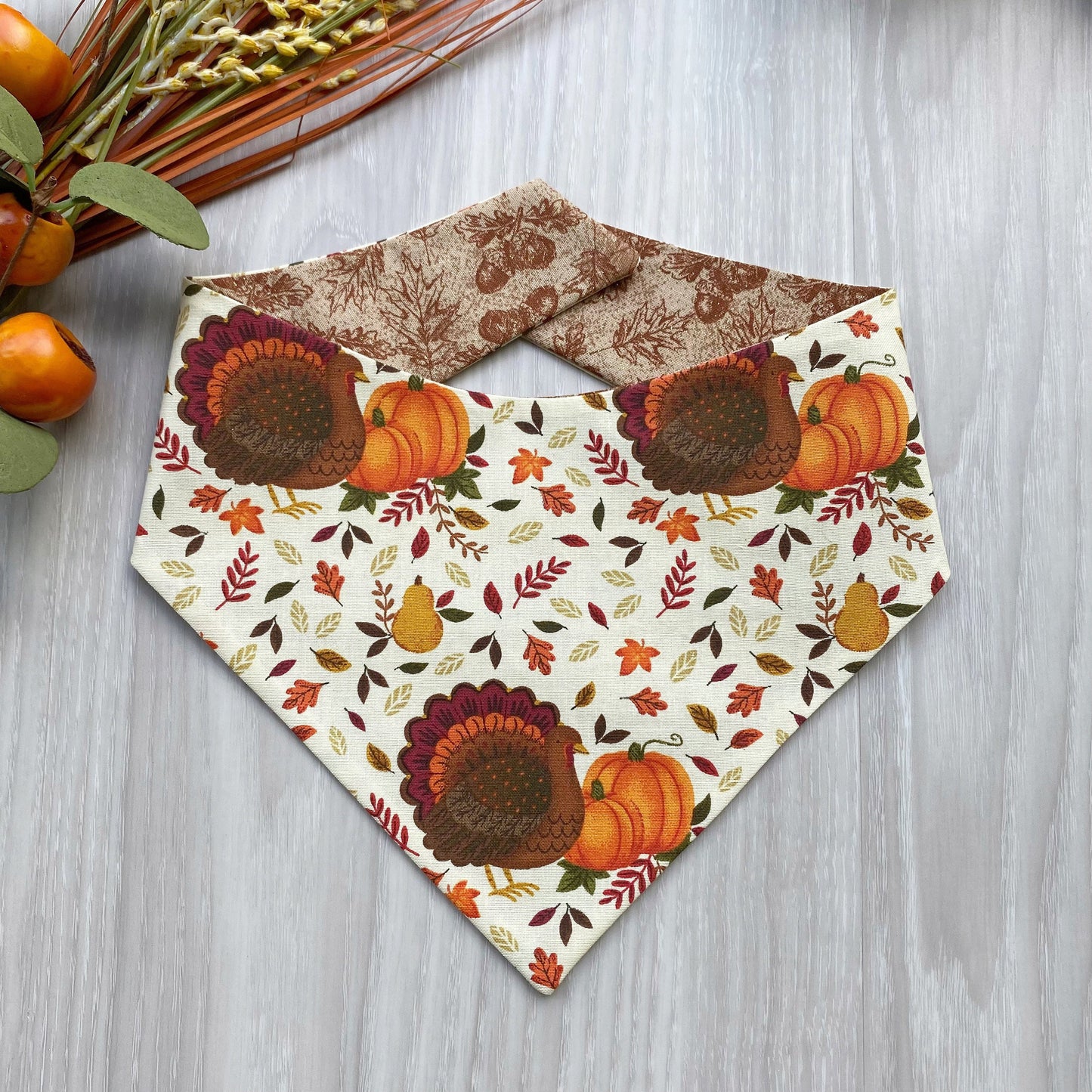 Turkey and Pumpkin Fall Dog bandana, Dog bandana, Snap on Bandana, Matching hair-bow, Bow and Bandana, Hair Scrunchies