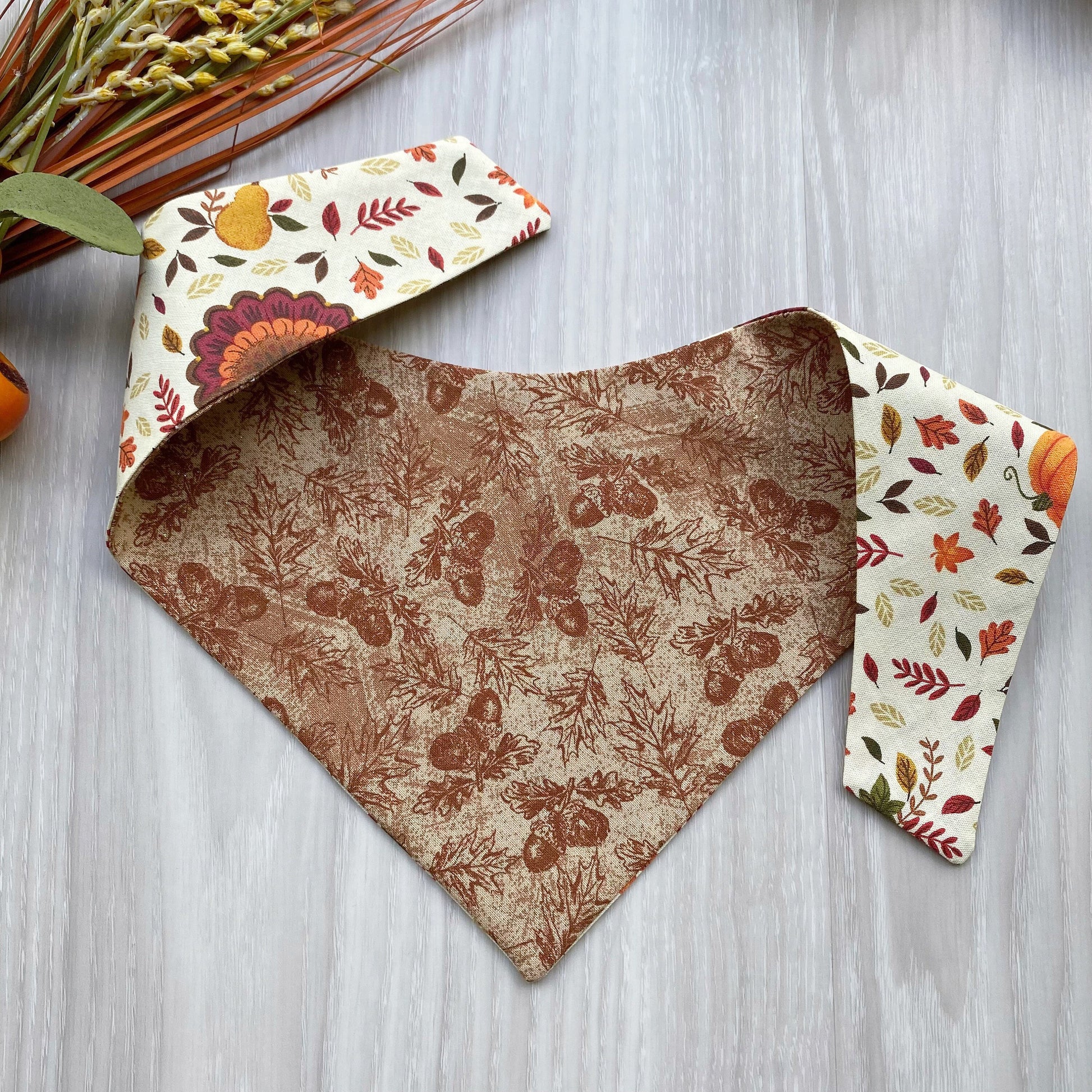 Turkey and Pumpkin Fall Dog bandana, Dog bandana, Snap on Bandana, Matching hair-bow, Bow and Bandana, Hair Scrunchies