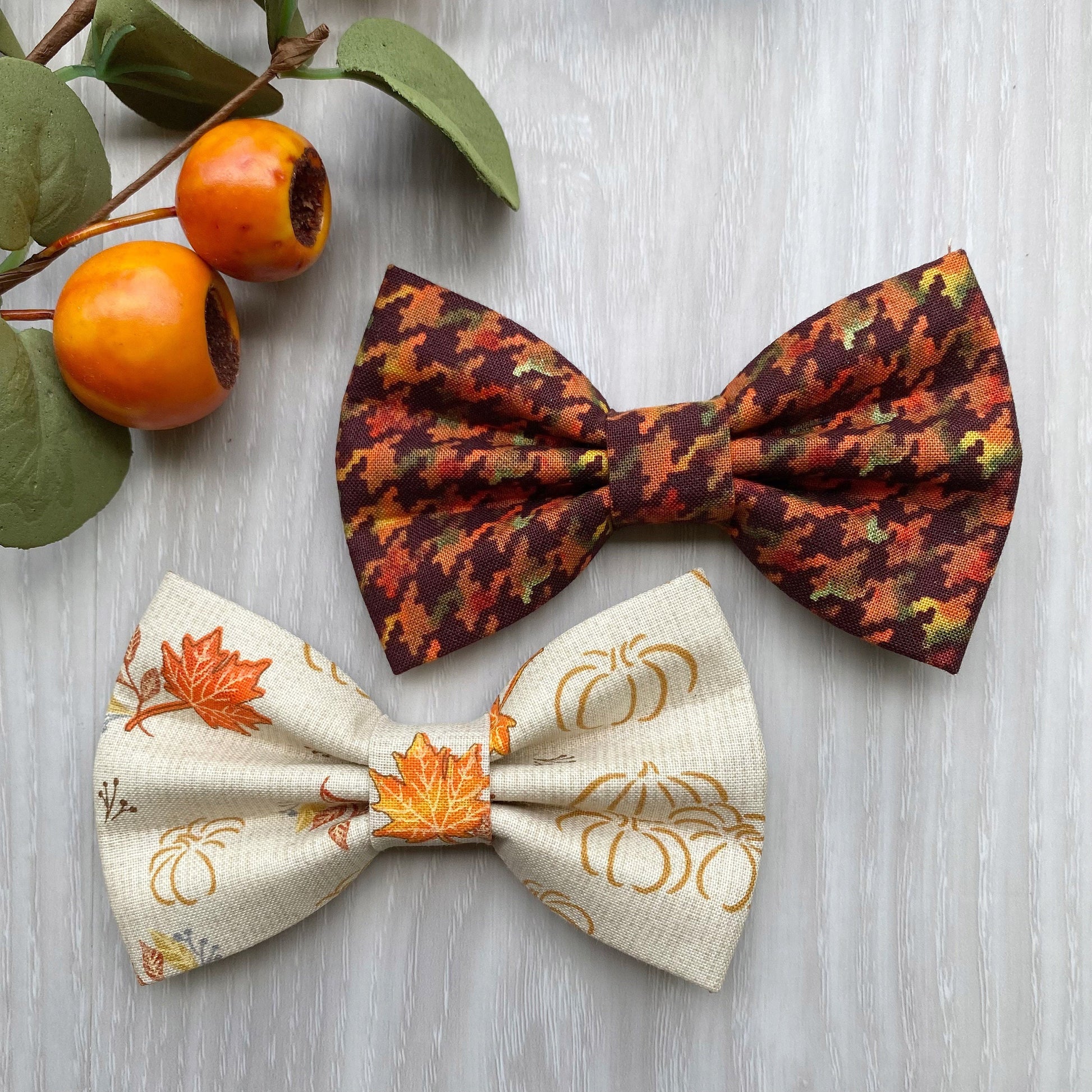 Fall Dog Bowtie, Simple Pumpkins & Leaves, Pet Collar Accessory