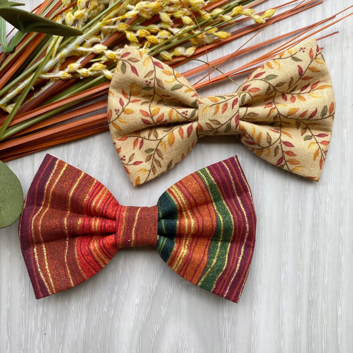 Fall Dog Bowtie, Stripes and Leaves Cotton Pet Bow Tie
