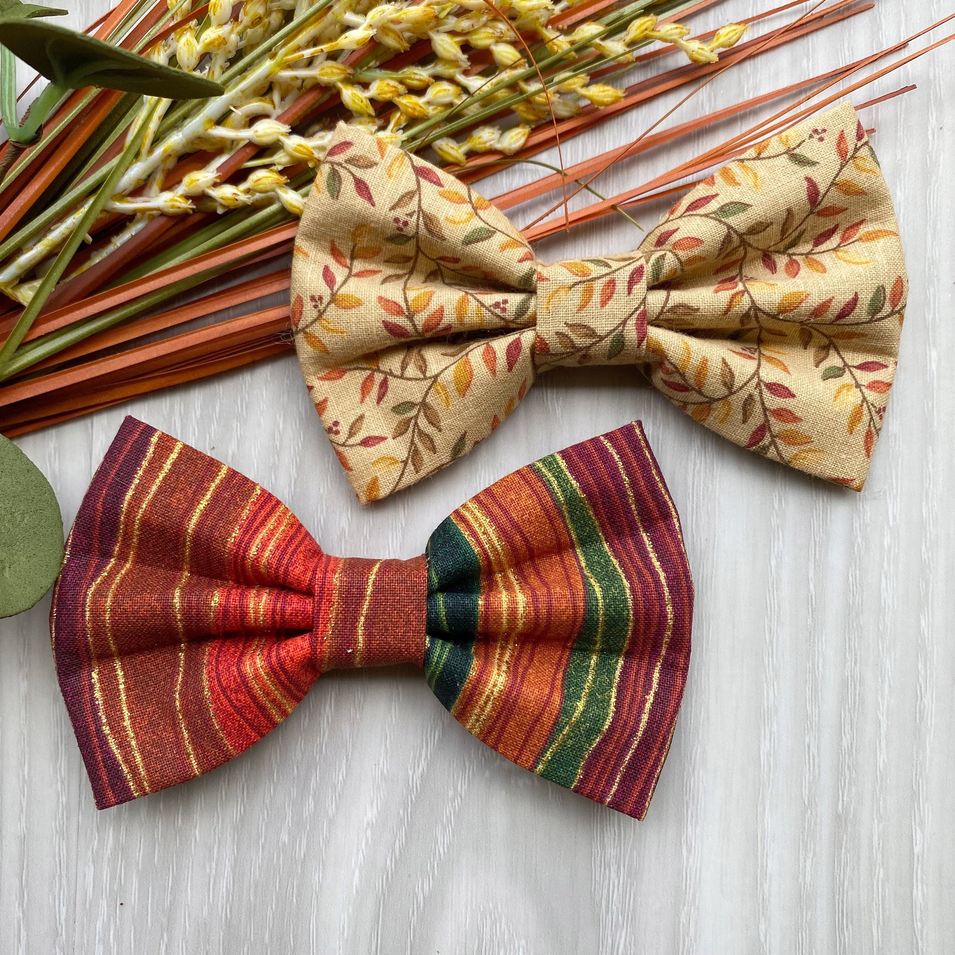 Fall Dog Bowtie, Stripes and Leaves Cotton Pet Bow Tie
