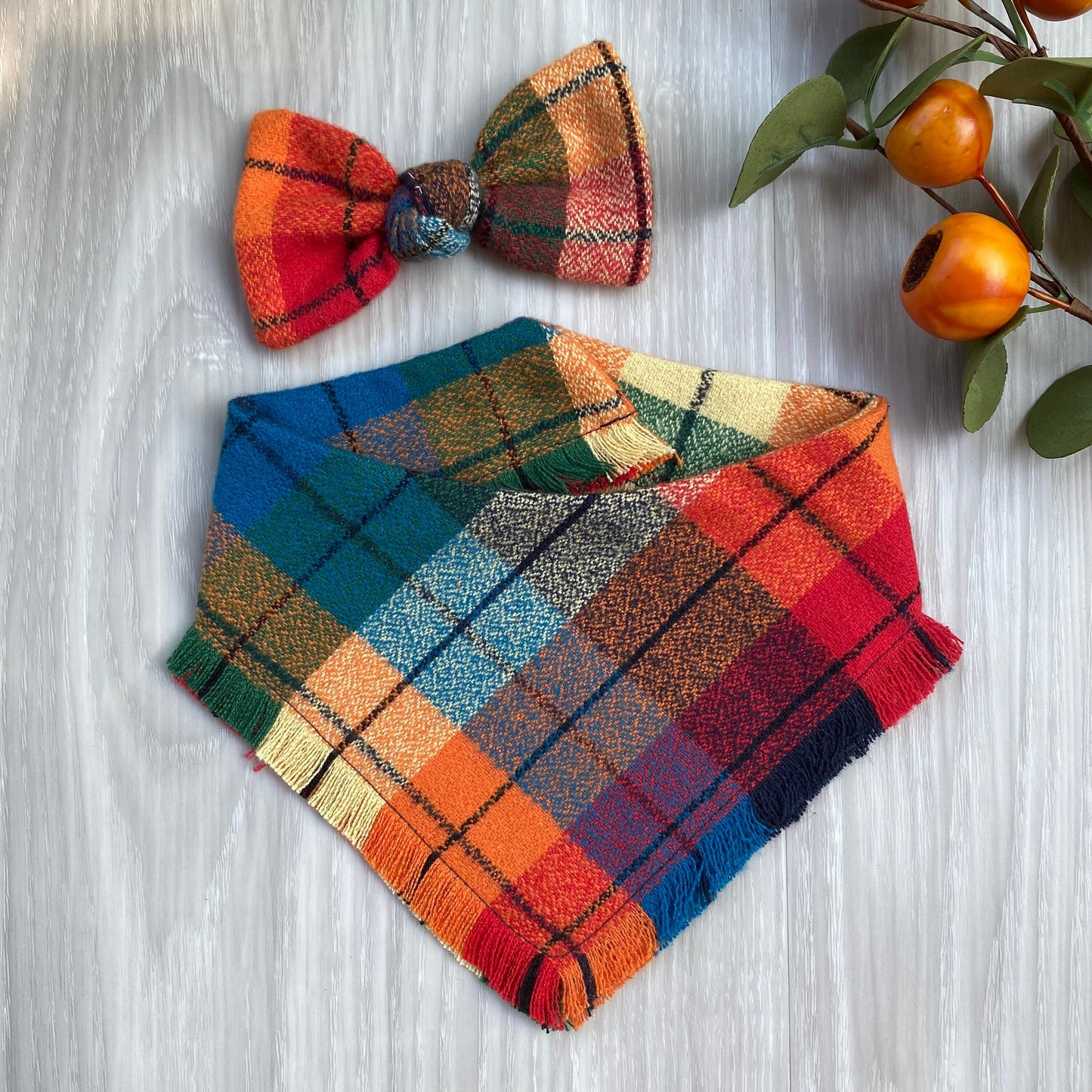 Frayed Plaid Flannel Dog Bandana, Puppy Bow, Reversible Snap