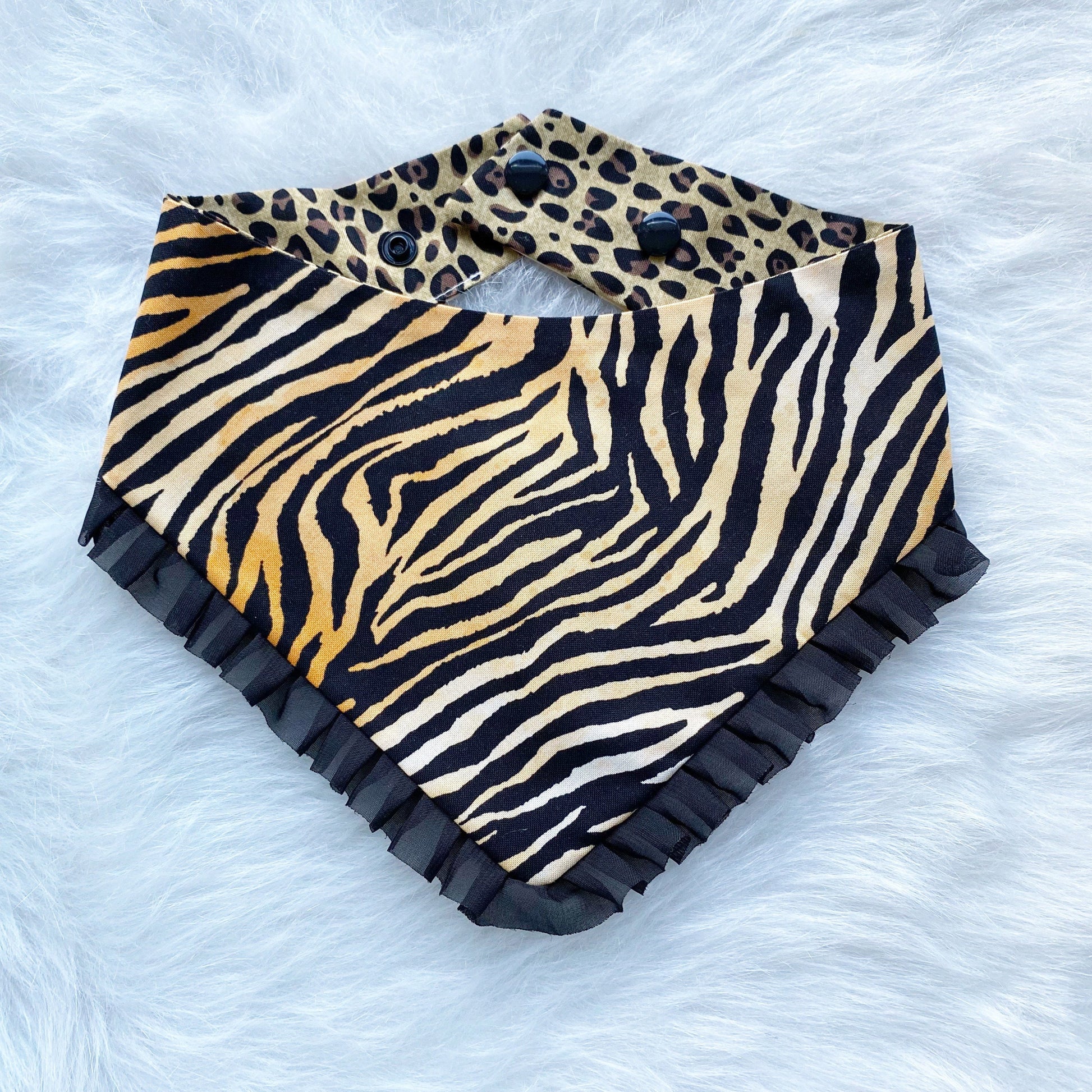 Reversible Tiger Cheetah Dog Bandana with Ruffle & Hair Bow