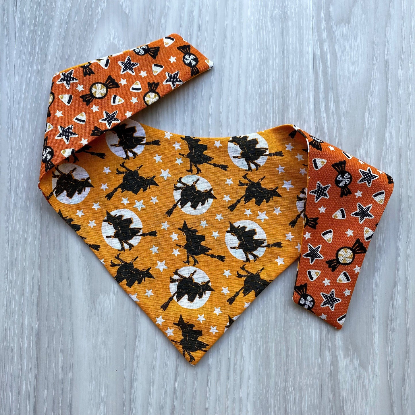 Halloween Dog bandana, Witch on a broom and candy corn, Dog bandana, Snap on Bandana, Matching hair-bow, Bow and Bandana, Hair Scrunchies