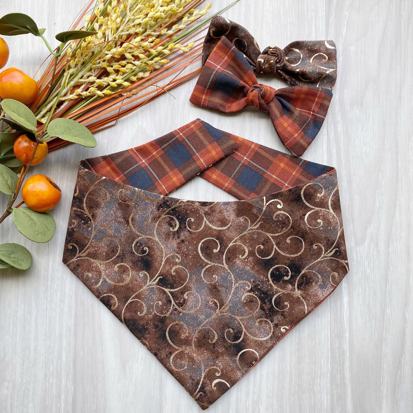 Brown Swirls and Plaid Fall Dog bandana