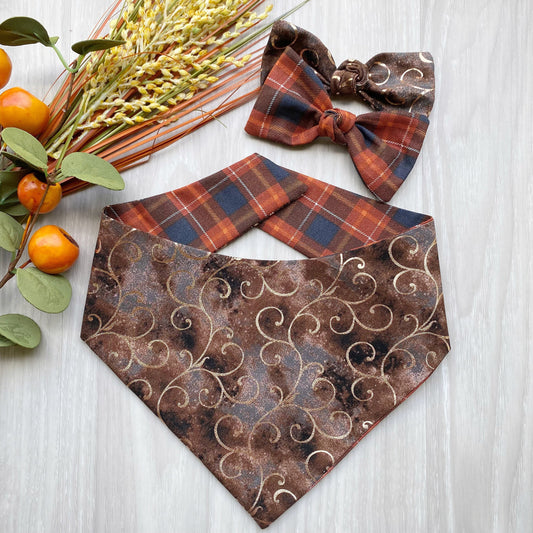 Brown Swirls and Plaid Fall Dog bandana