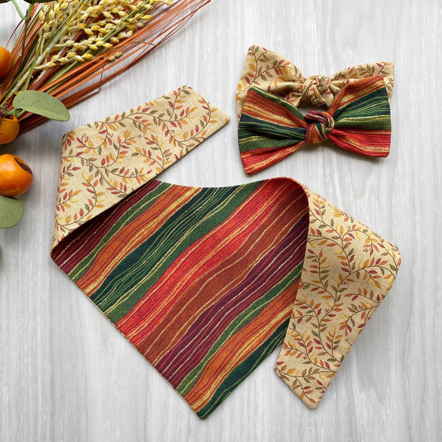 Fall Stripes Dog Bandana, Reversible Snap On, Matching Bow