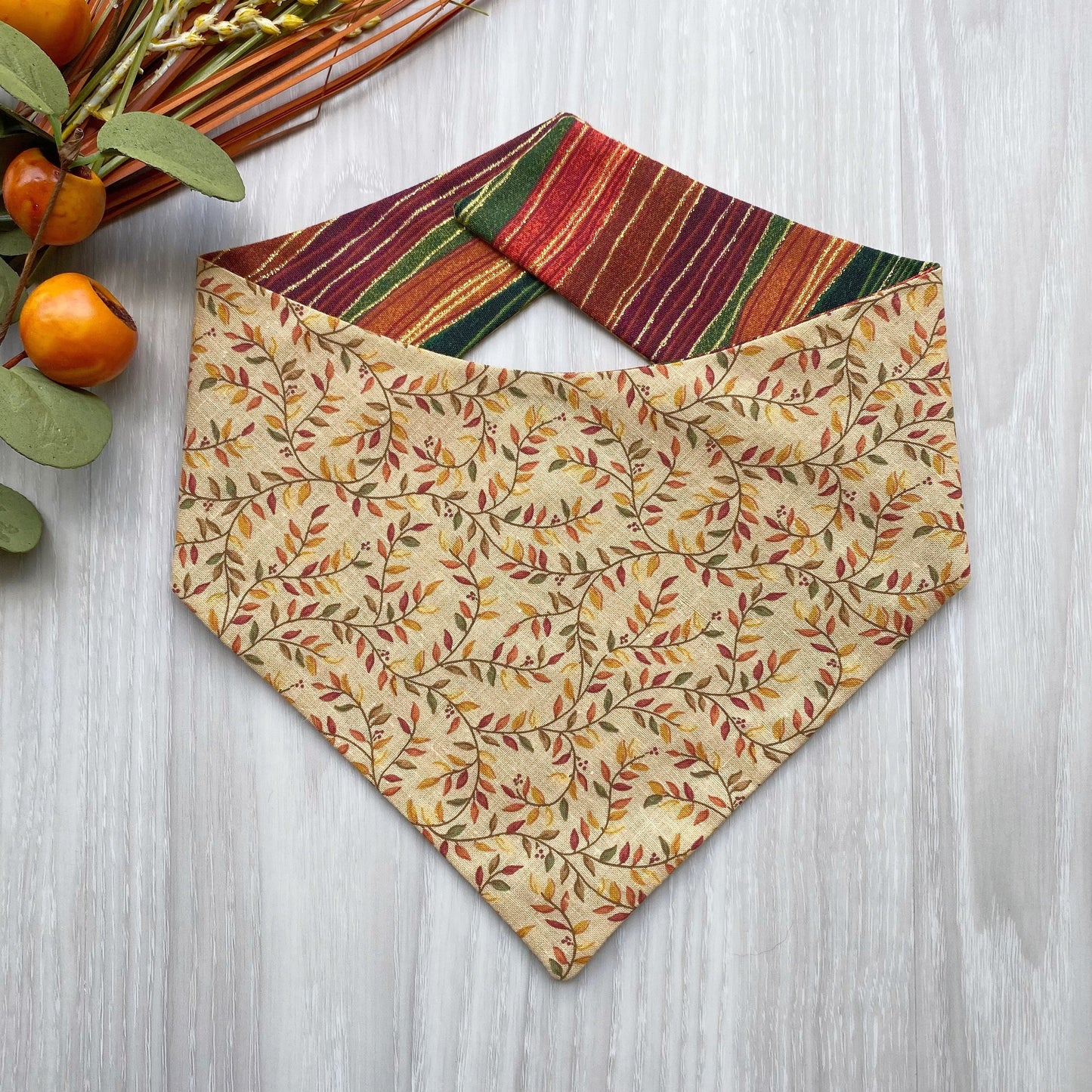 Fall Stripes Dog Bandana, Reversible Snap On, Matching Bow