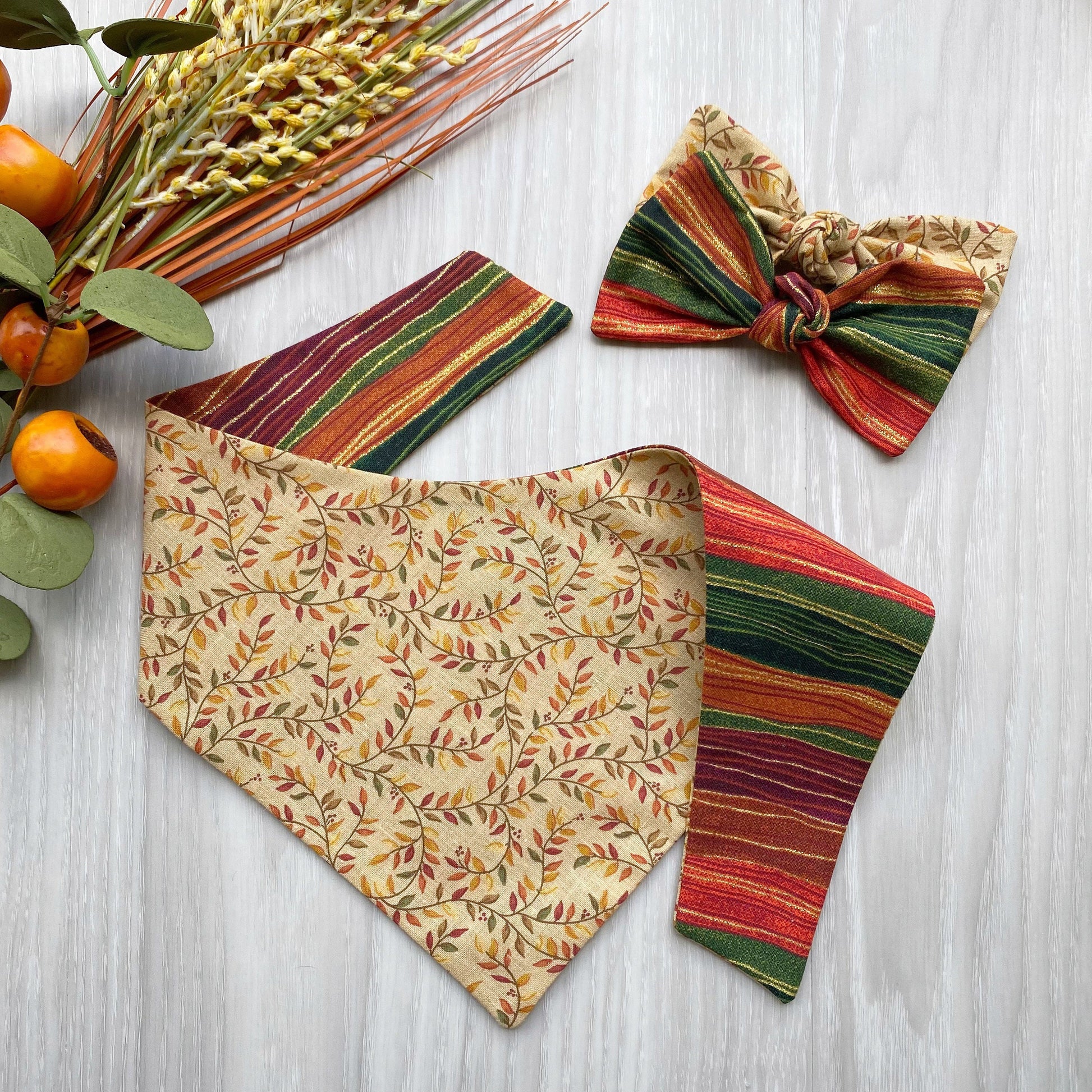 Fall Stripes Dog Bandana, Reversible Snap On, Matching Bow