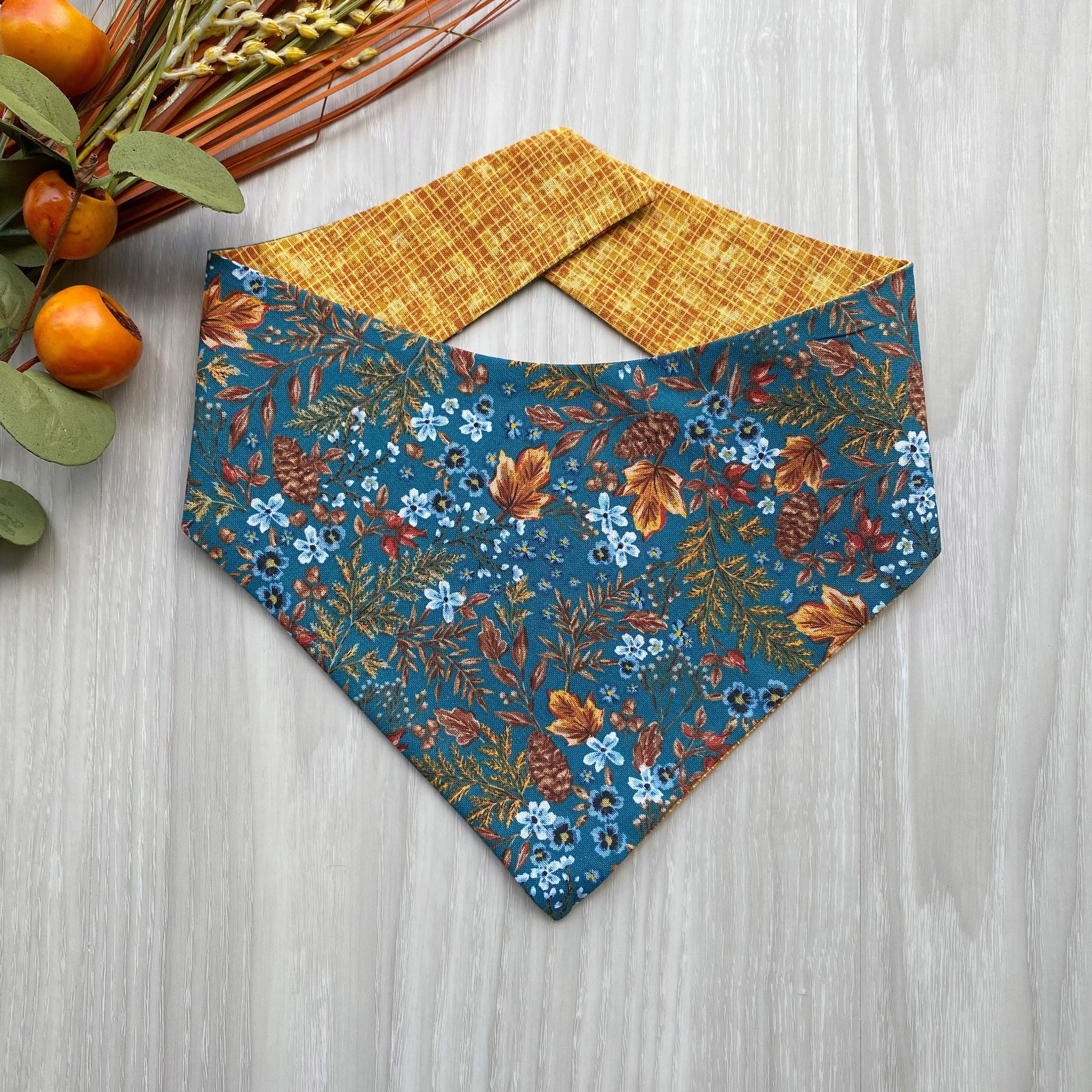 Autumn Floral Dog Bandana, Matching Hair Bows, Reversible Snap-On