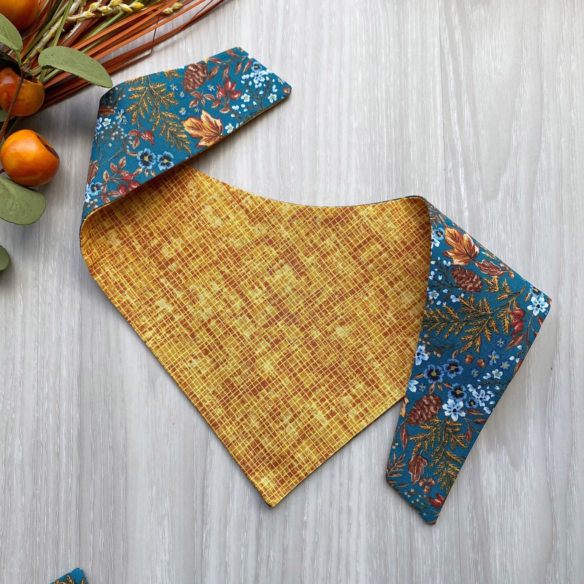 Autumn Floral Dog Bandana, Matching Hair Bows, Reversible Snap-On