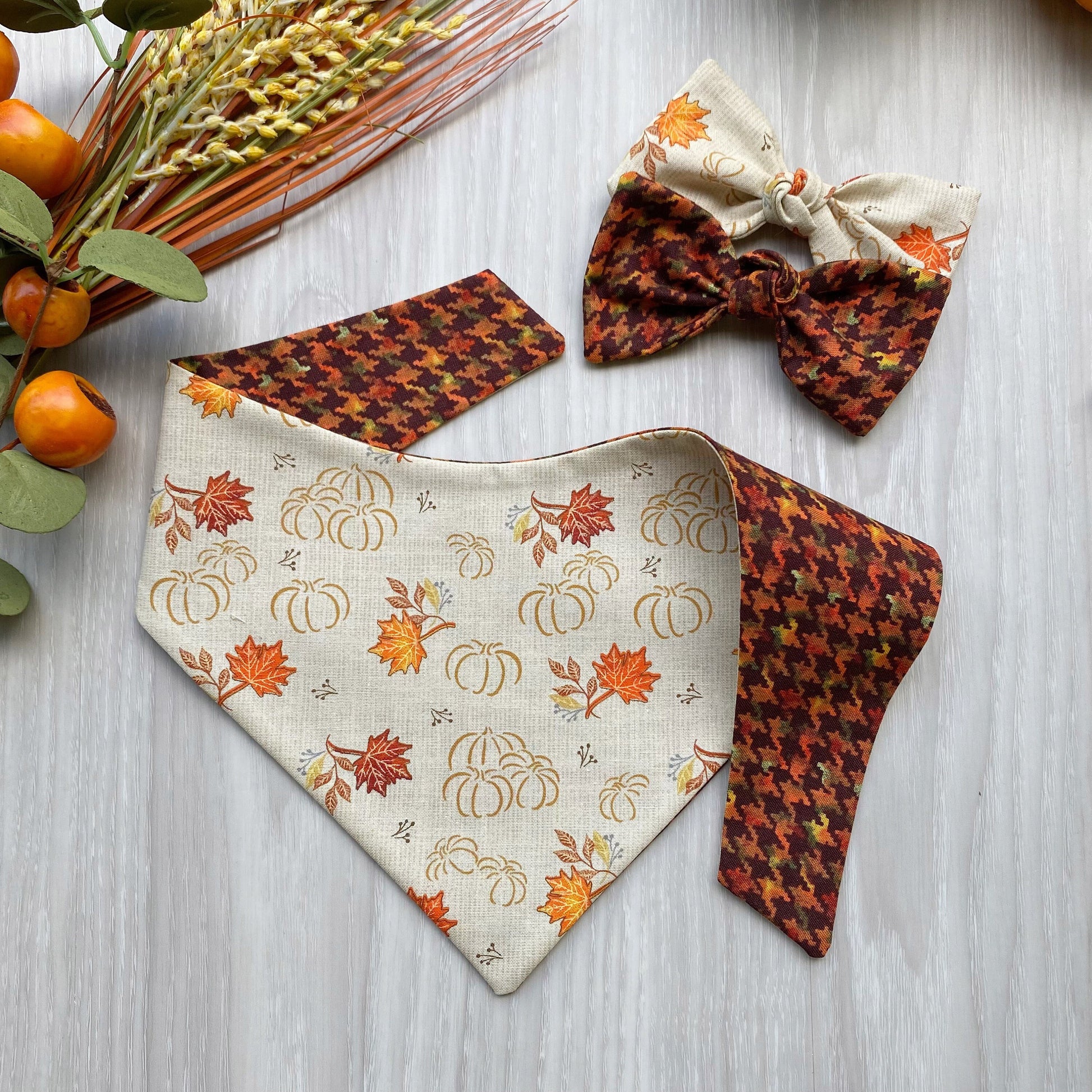 Fall Pumpkins Dog Bandana, Snap On, Matching Bow & Scrunchies