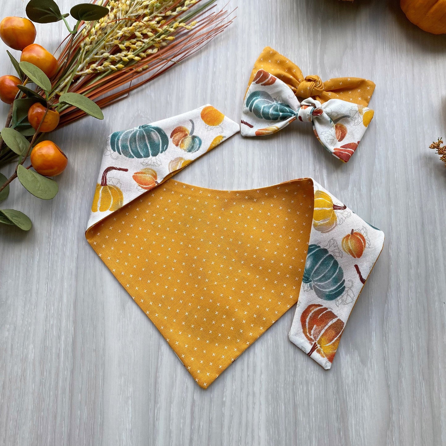 Pumpkin Fall Dog Bandana, Snap On, Bow & Scrunchie Set