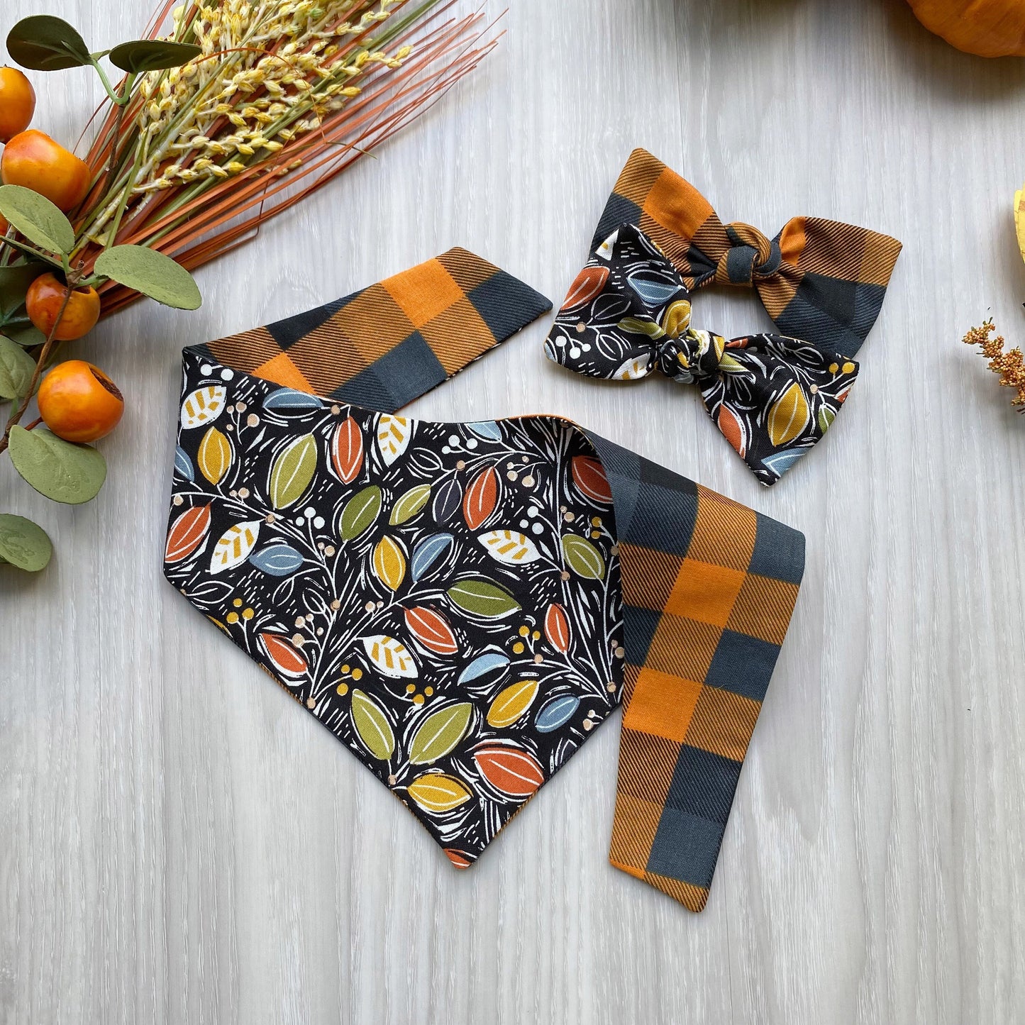 Abstract Leaves Fall Dog Bandana, Snap On, Matching Bow & Scrunchies