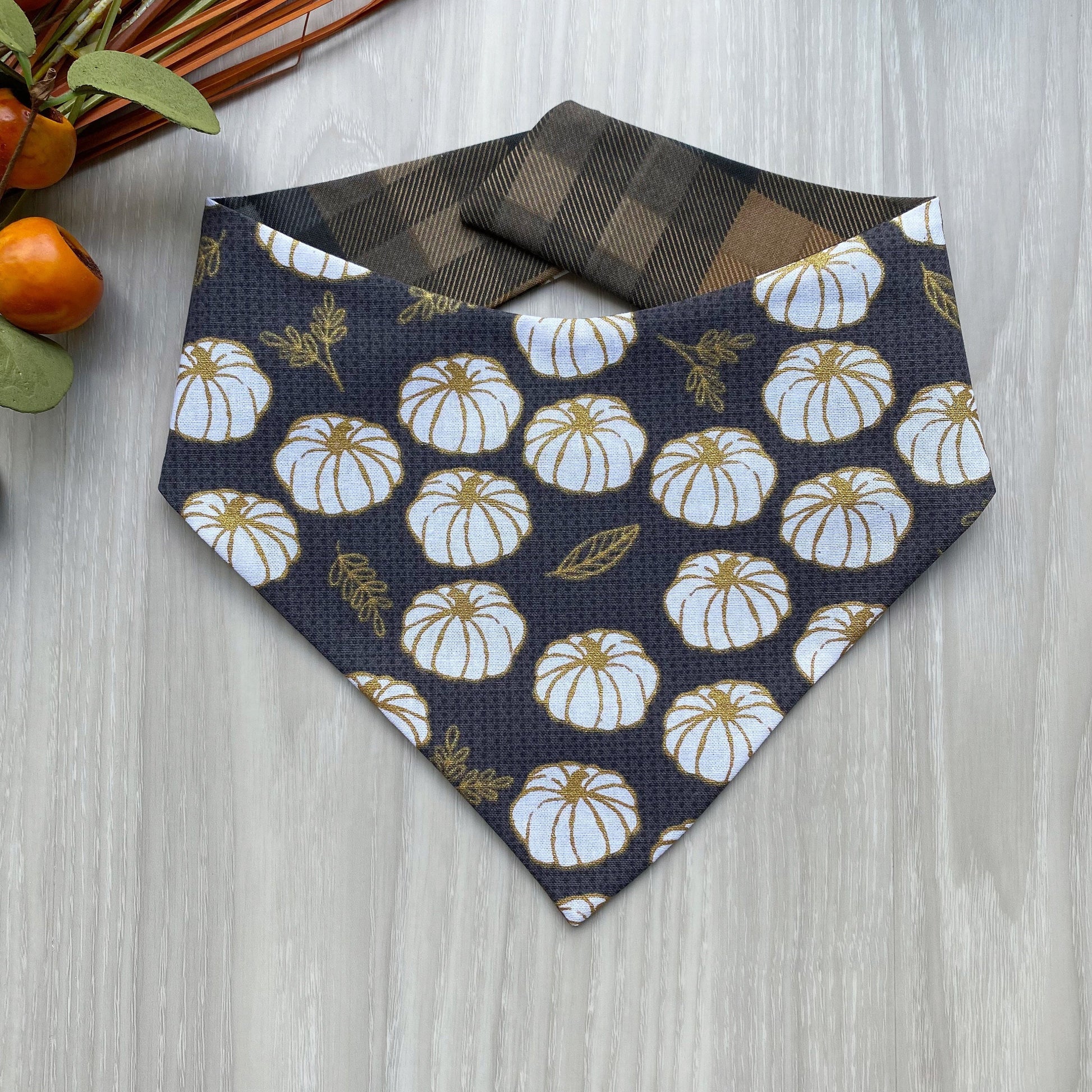 White Pumpkins Fall Dog bandana, Dog bandana, Snap on Bandana, Matching hair-bow, Bow and Bandana, Hair Scrunchies