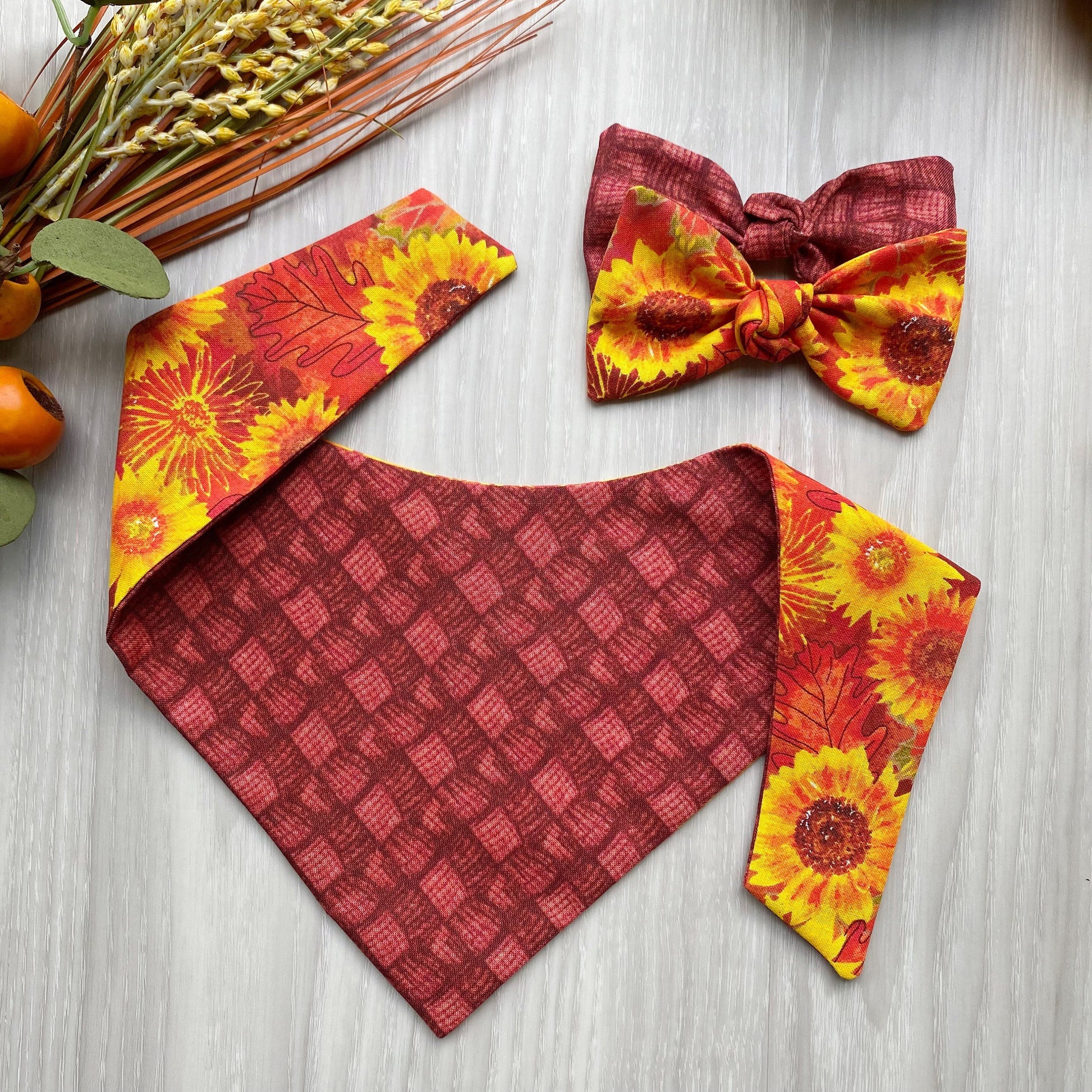 Fall Sunflower Dog Bandana, Snap-On, Matching Hair Bow