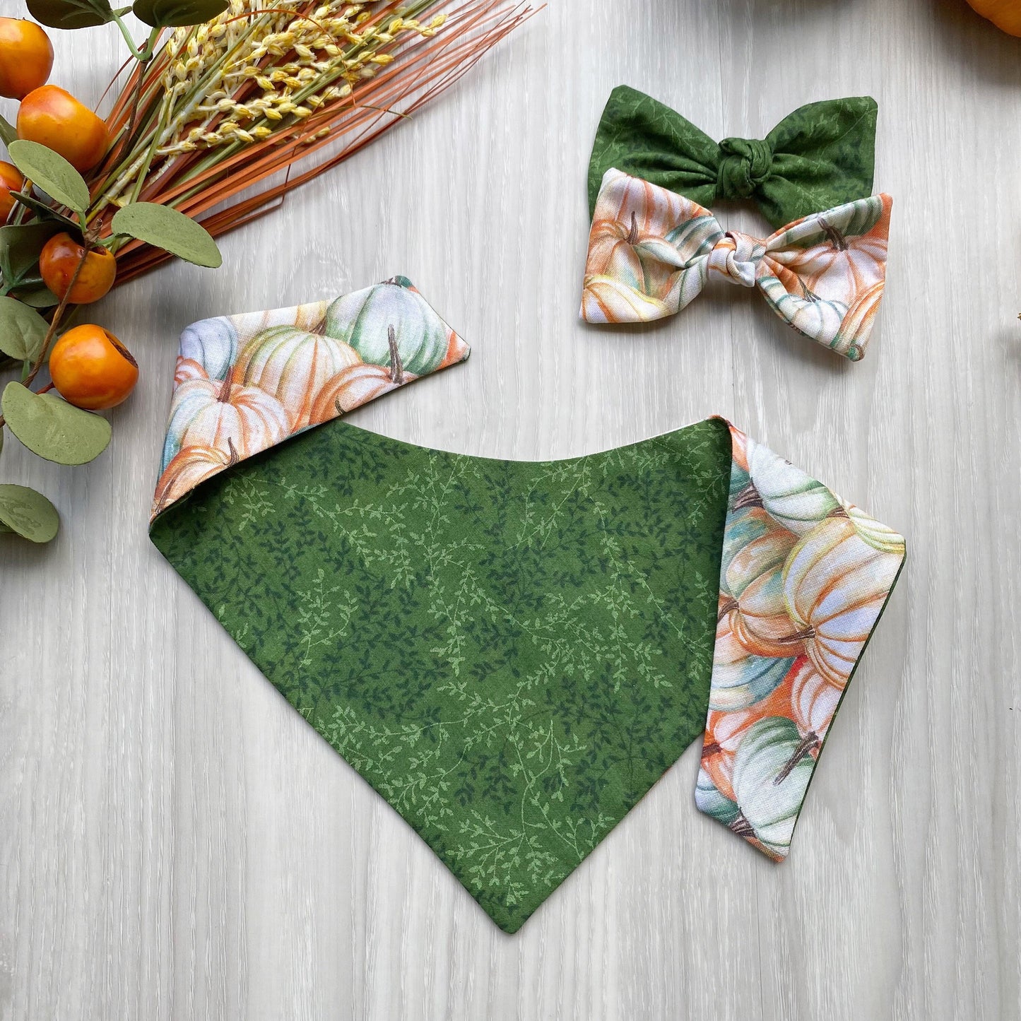 Pumpkin Pile Fall Dog Bandana, Snap On, Matching Bow Set