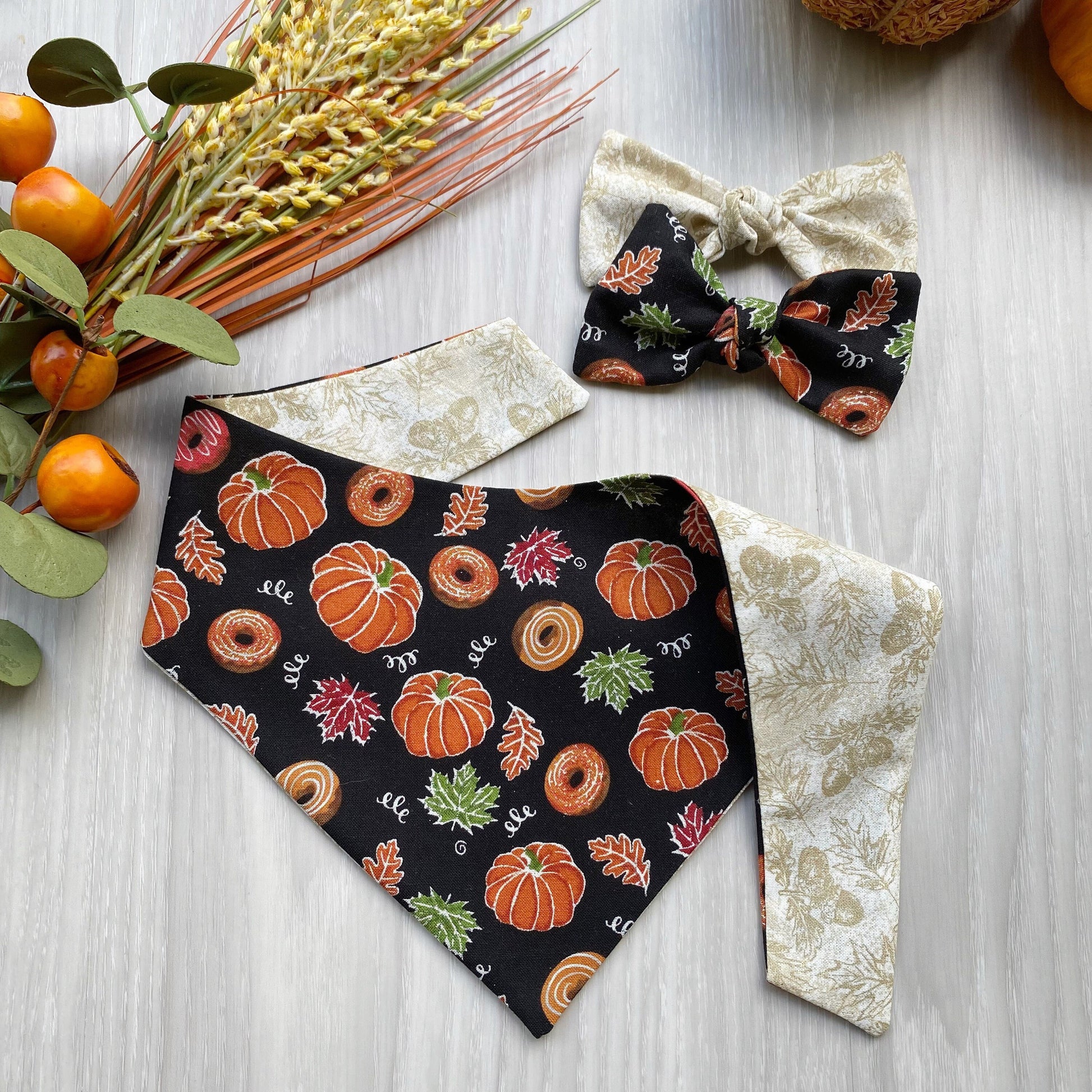 Pumpkin Donuts Fall Dog bandana, Dog bandana, Snap on Bandana, Matching hair-bow, Bow and Bandana, Hair Scrunchies