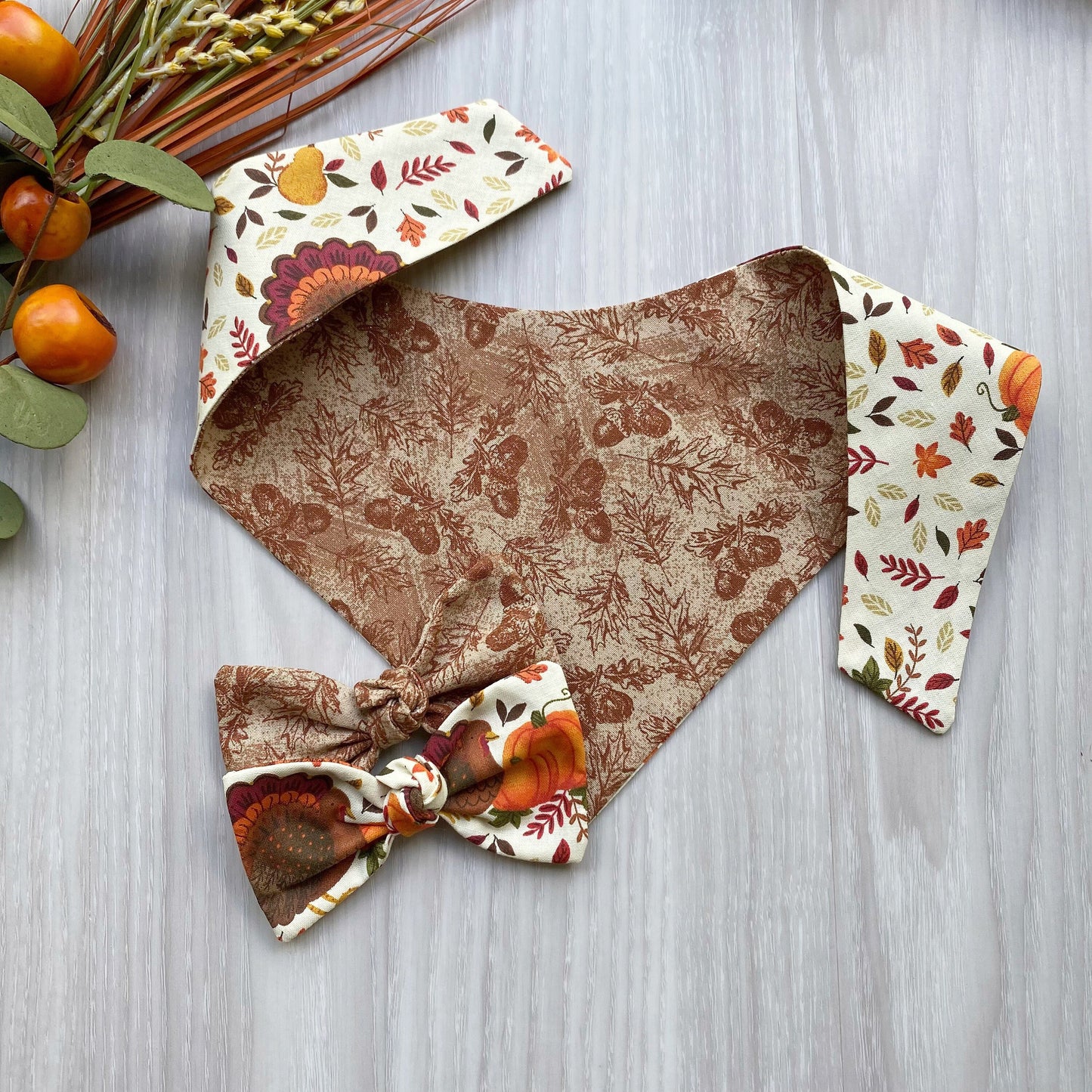 Turkey and Pumpkin Fall Dog bandana, Dog bandana, Snap on Bandana, Matching hair-bow, Bow and Bandana, Hair Scrunchies