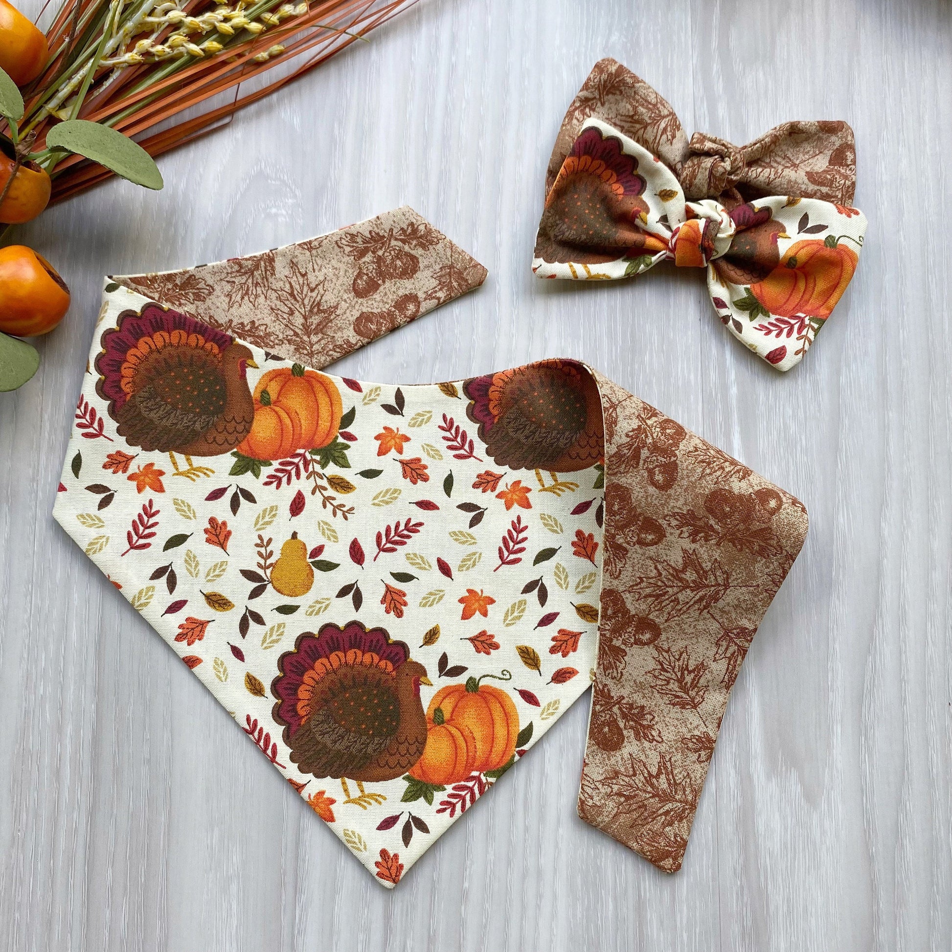 Turkey and Pumpkin Fall Dog bandana, Dog bandana, Snap on Bandana, Matching hair-bow, Bow and Bandana, Hair Scrunchies