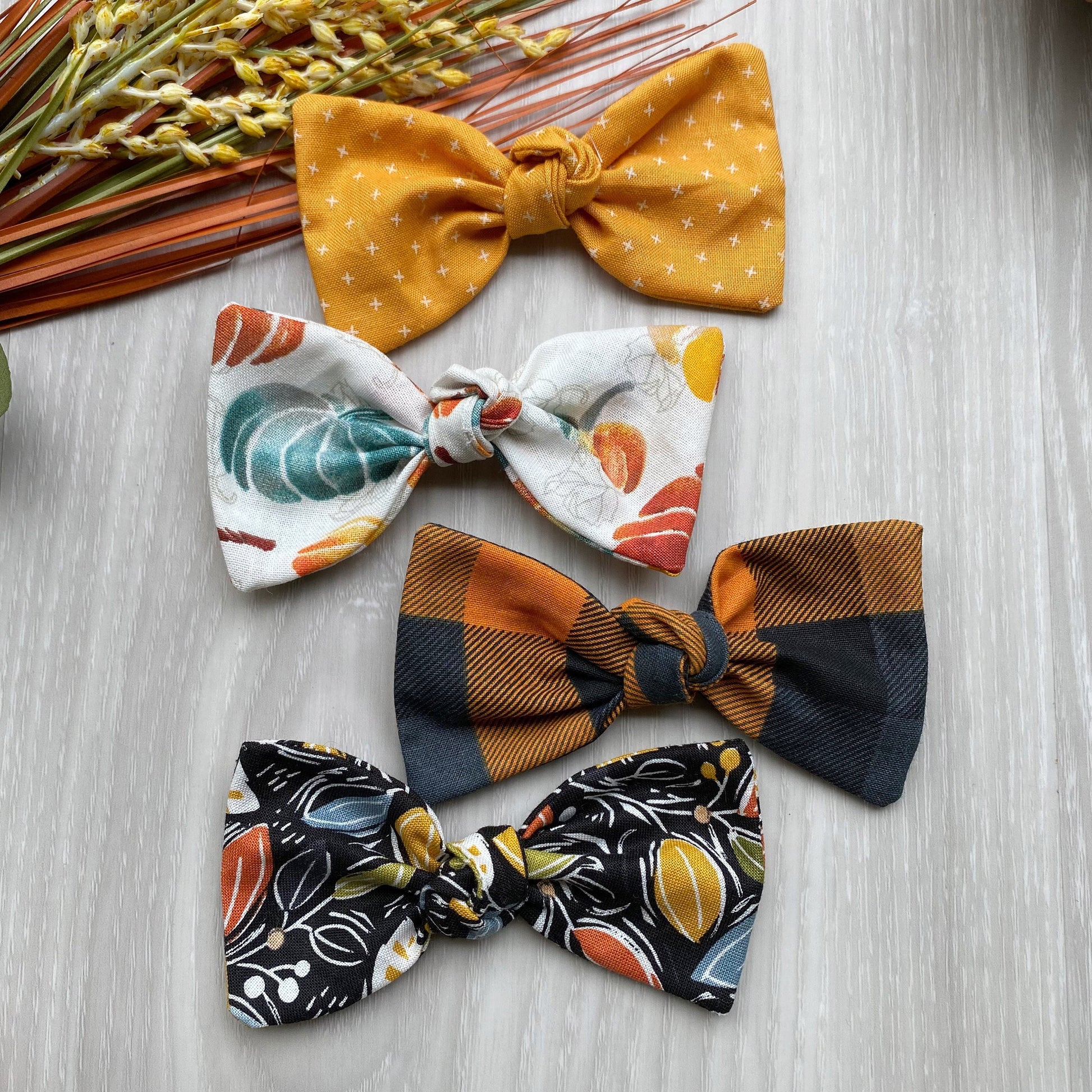 Fall Dog Bow, Abstract Leaves, Pumpkin Hair Clip, Handmade Cotton